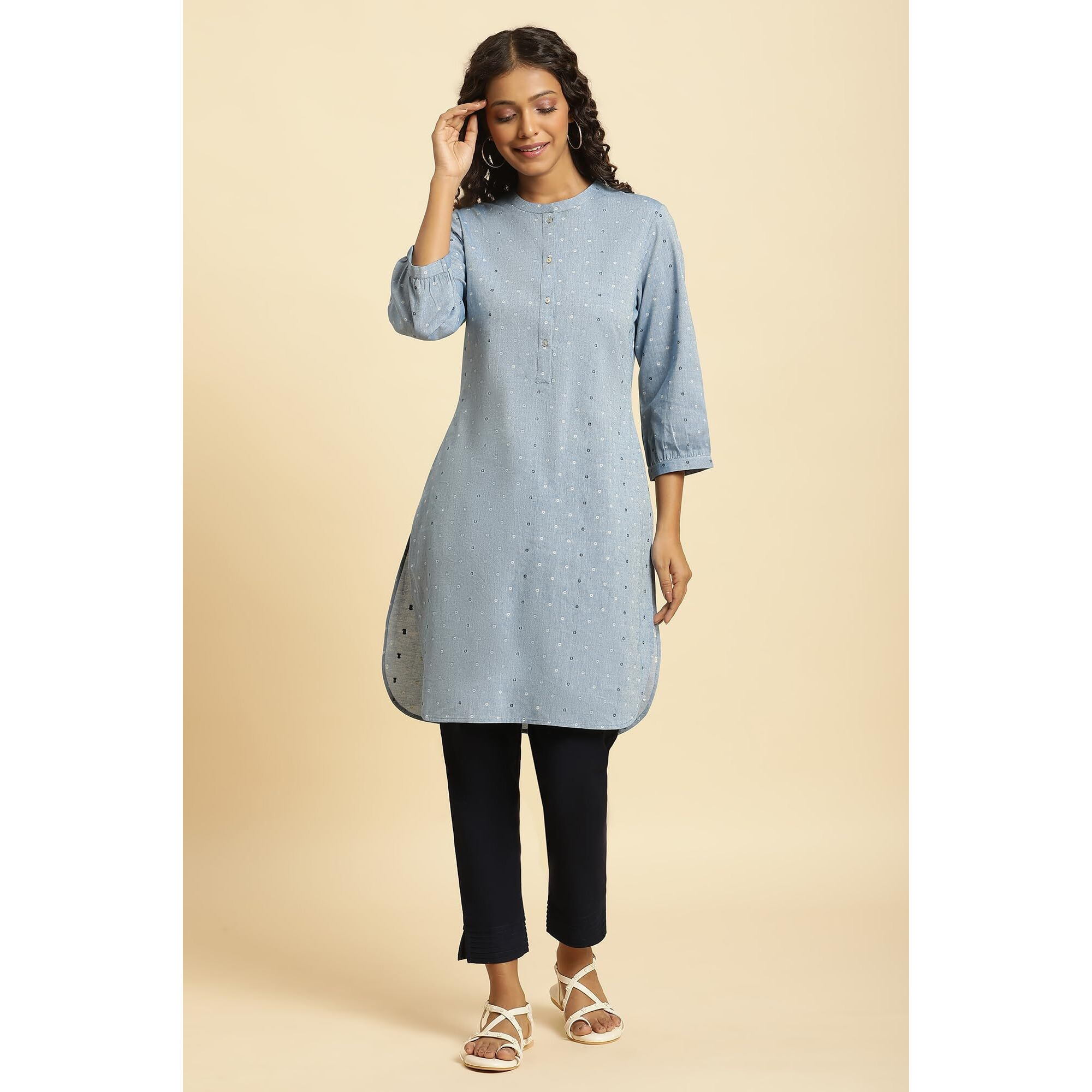 W Blue Cotton Polka Dot Straight Long Kurta For Women