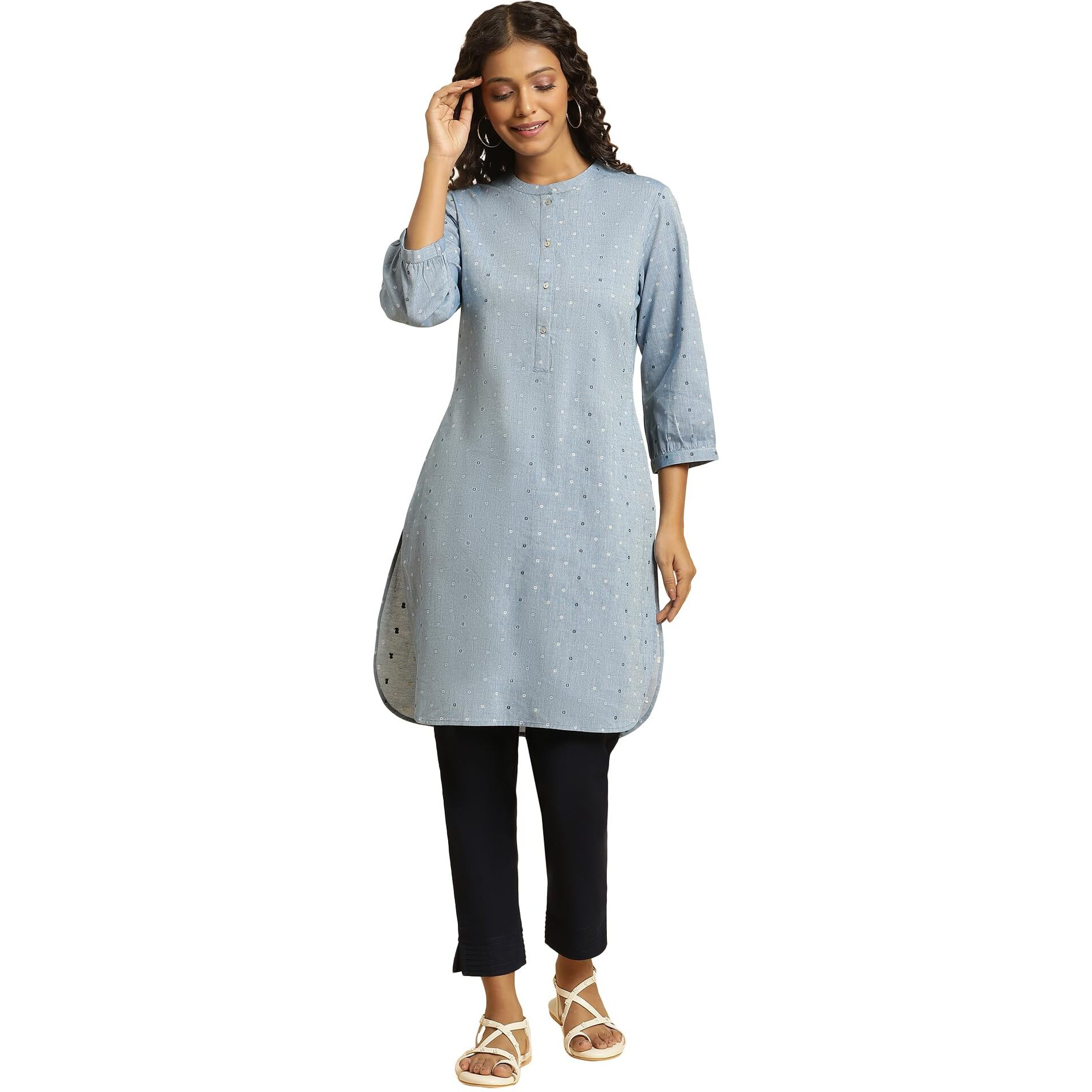 W Blue Cotton Polka Dot Straight Long Kurta For Women
