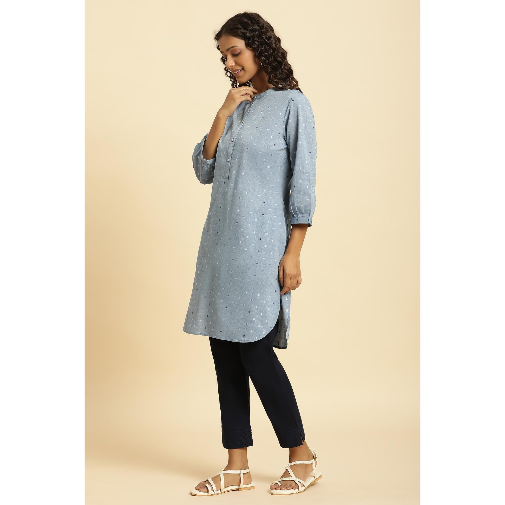 W Blue Cotton Polka Dot Straight Long Kurta For Women