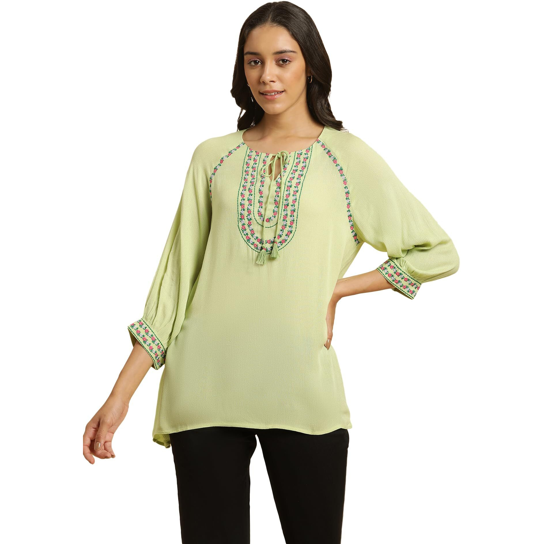 W For Woman Green Embroidered Tunic Top With Thread W For Womanork