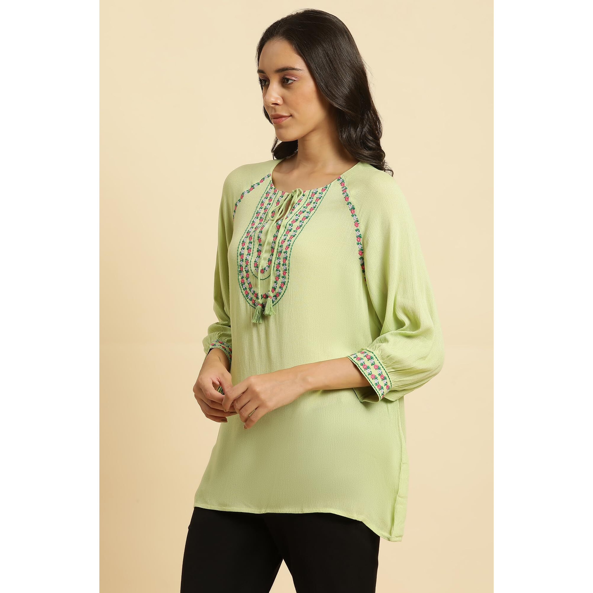 W For Woman Green Embroidered Tunic Top With Thread W For Womanork