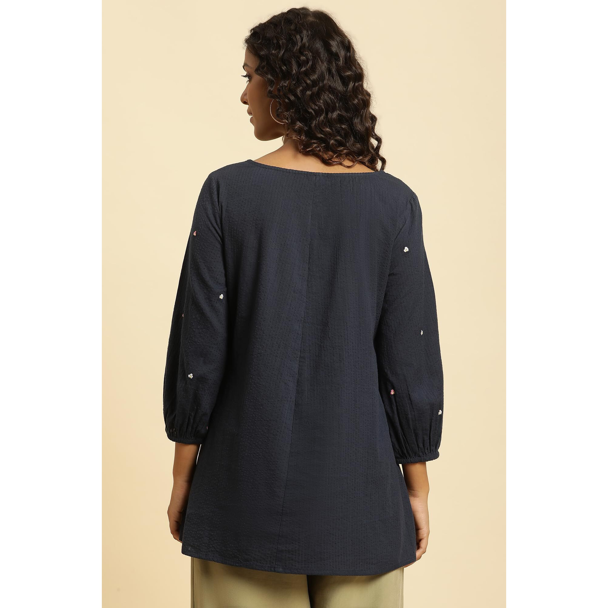 W Blue Embroidered Cotton Tunic Top With Beads For Women