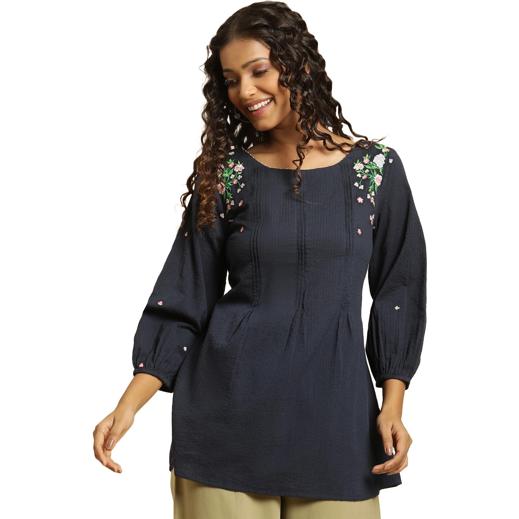 W Blue Embroidered Cotton Tunic Top With Beads For Women