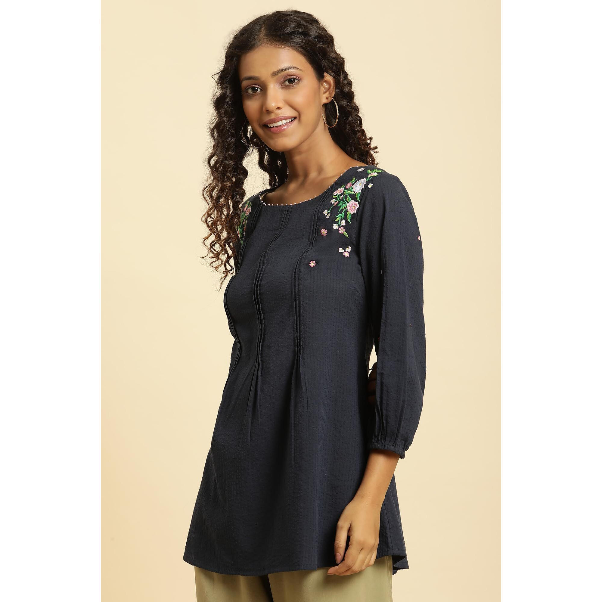 W Blue Embroidered Cotton Tunic Top With Beads For Women