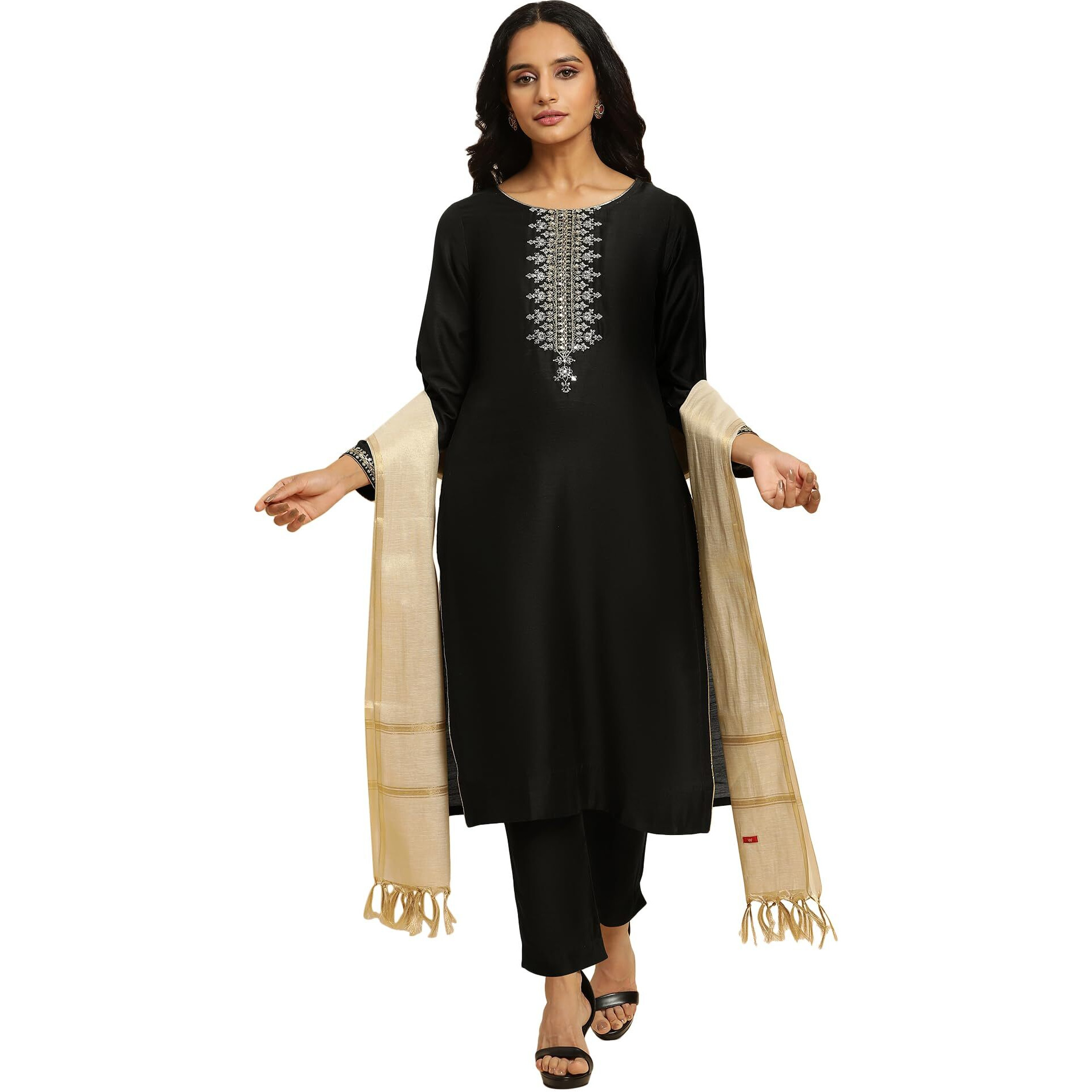 W For Woman Black Zari Embroidered Straight Kurta, Pant And Dupatta Set (Size 2Xl)-23Auws10453-221087