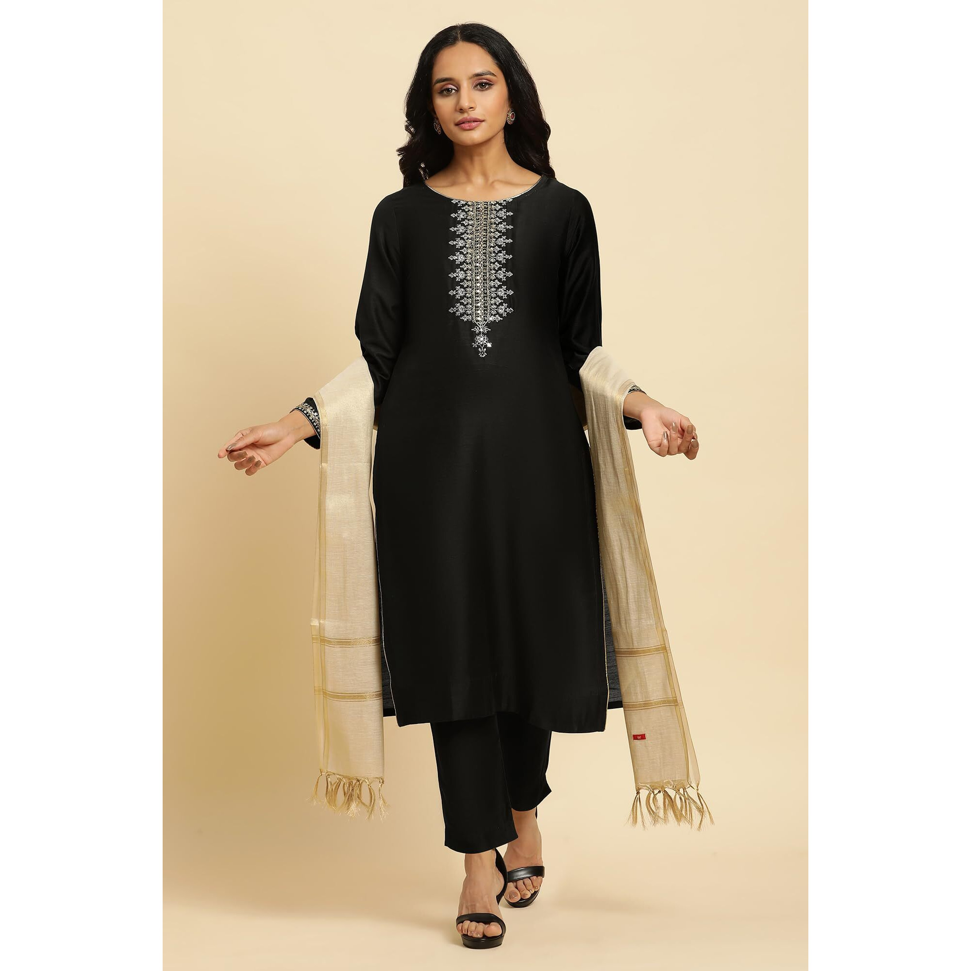 W For Woman Black Zari Embroidered Straight Kurta, Pant And Dupatta Set (Size 2Xl)-23Auws10453-221087