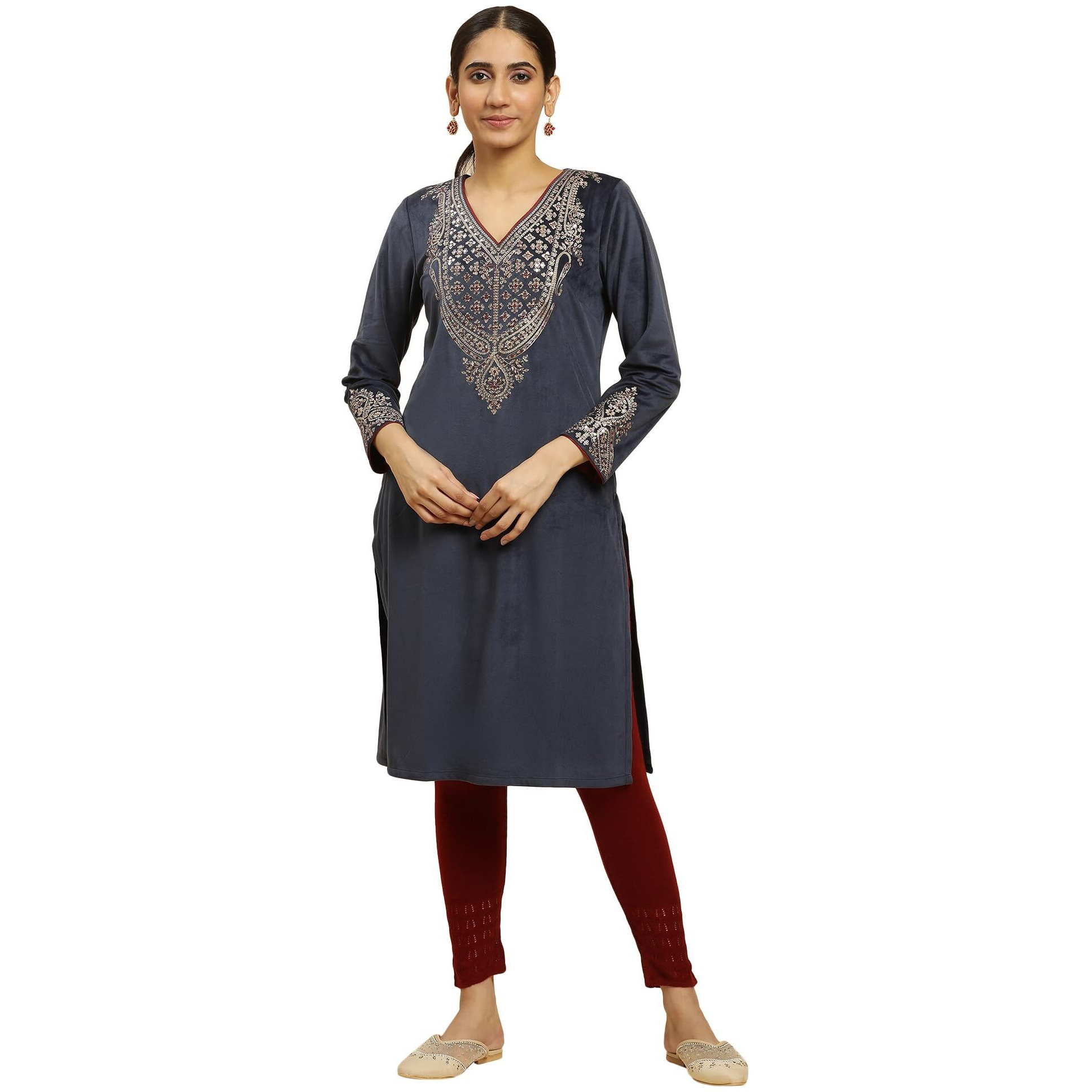 W For Woman Women's Polyester Solid Regular Regular Fit Kurta (23Now10358-220780_Maroon, Medium
