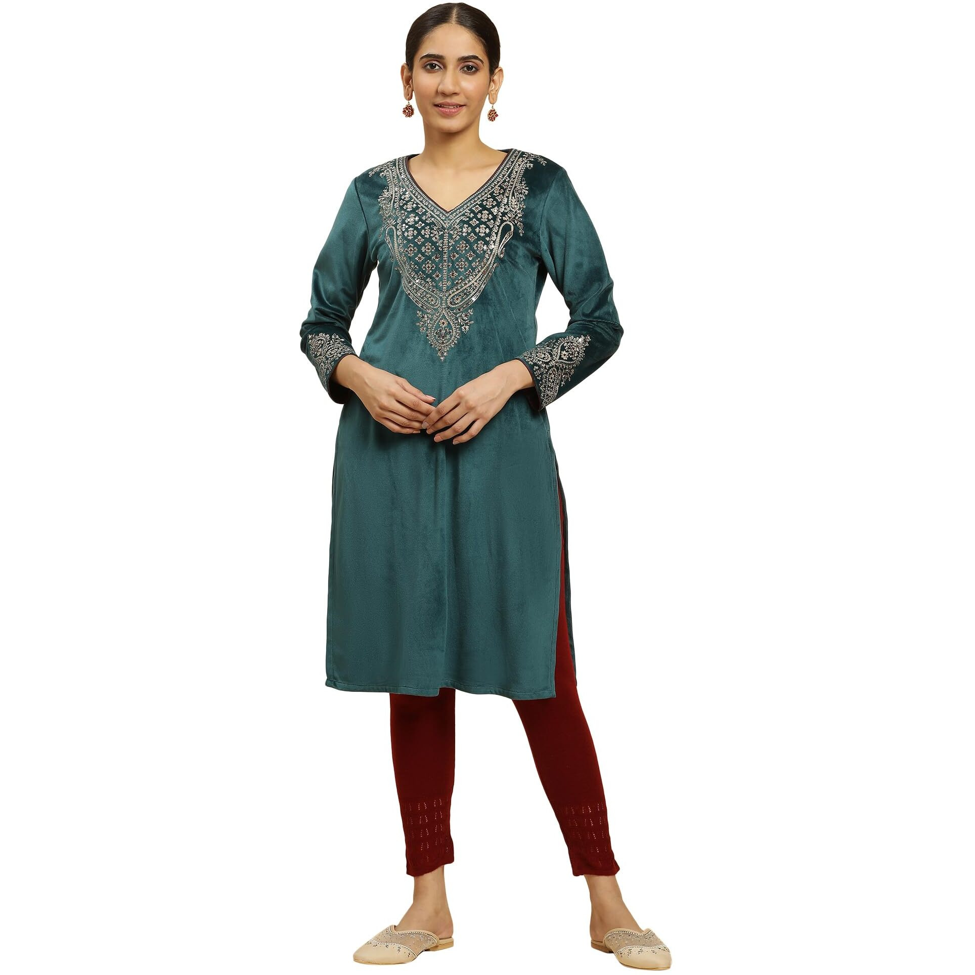 W For Woman Women's Polyester Solid Regular Kurta (23Now10358-220776_Teal Green