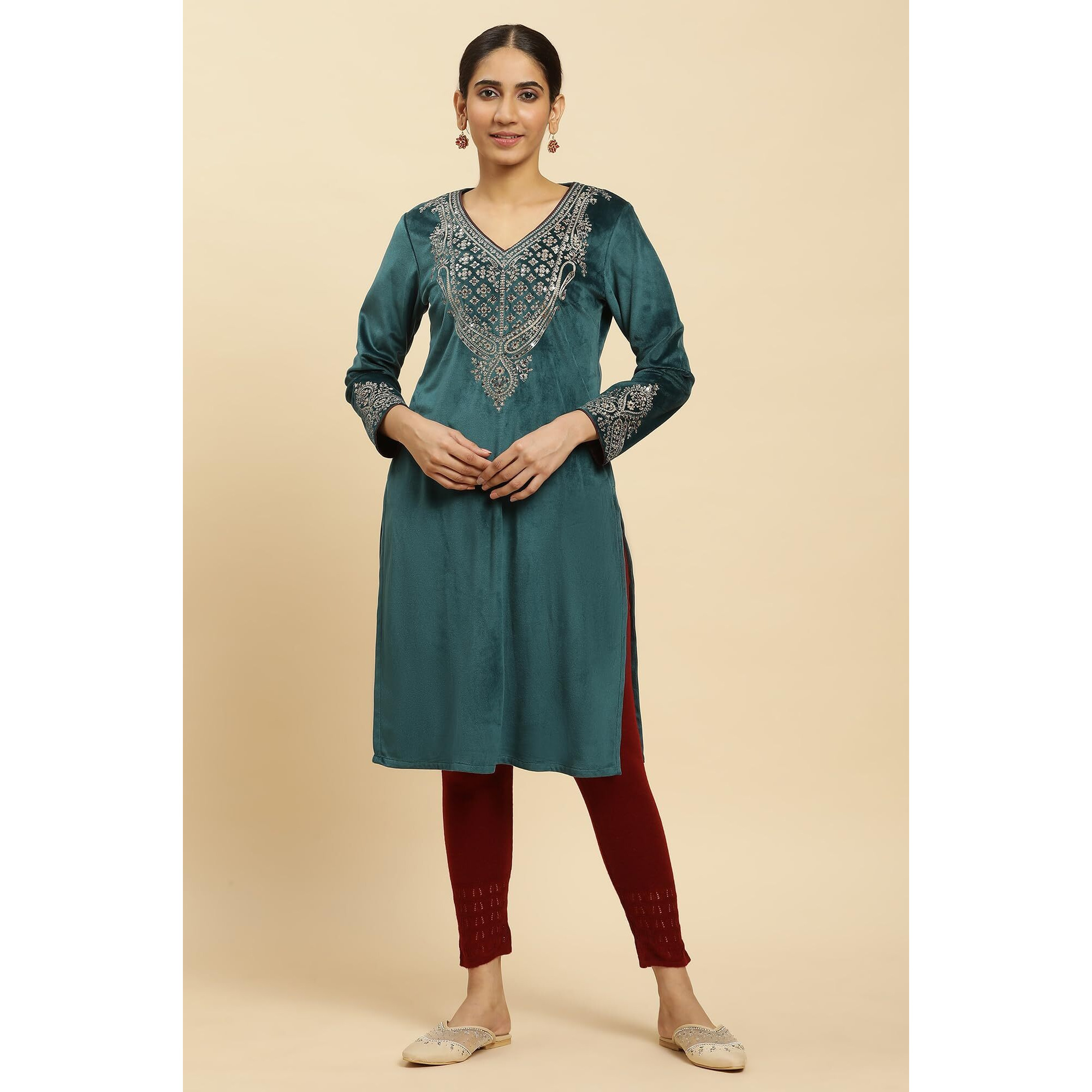 W For Woman Women's Polyester Solid Regular Kurta (23Now10358-220776_Teal Green