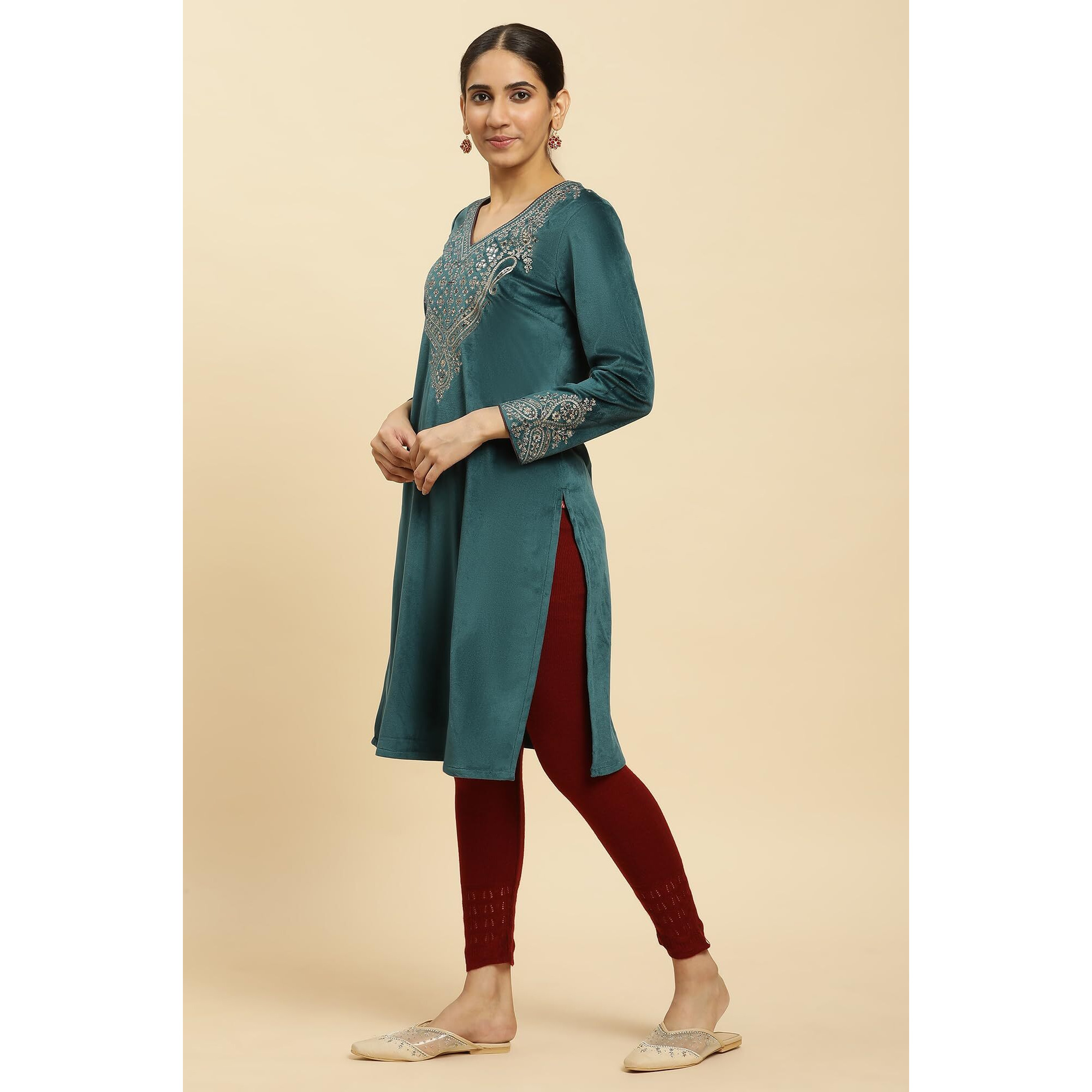 W For Woman Women's Polyester Solid Regular Kurta (23Now10358-220776_Teal Green