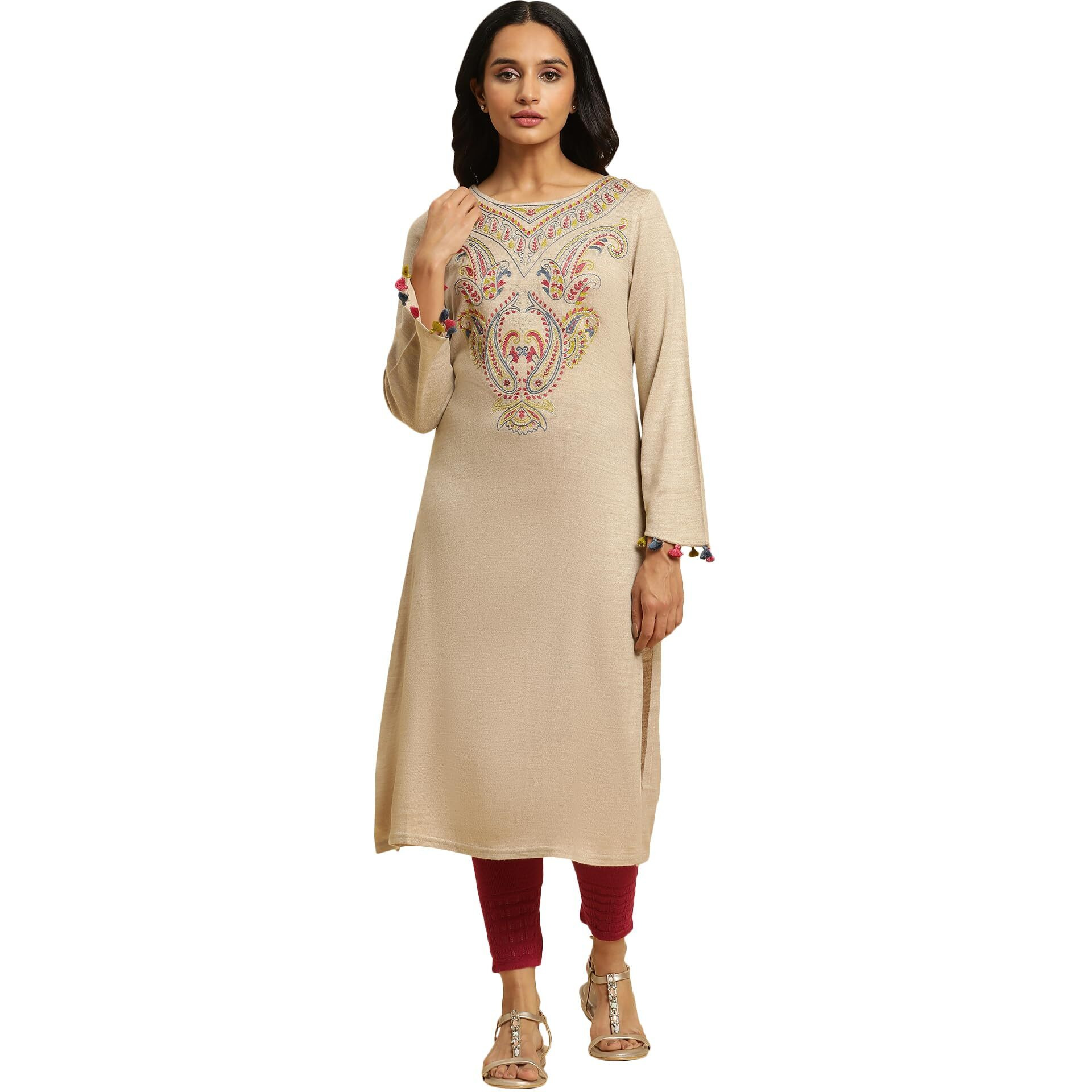 W For Woman Women's Acrylic Solid Kurta & Tight (23Nows10219-219951_Beige
