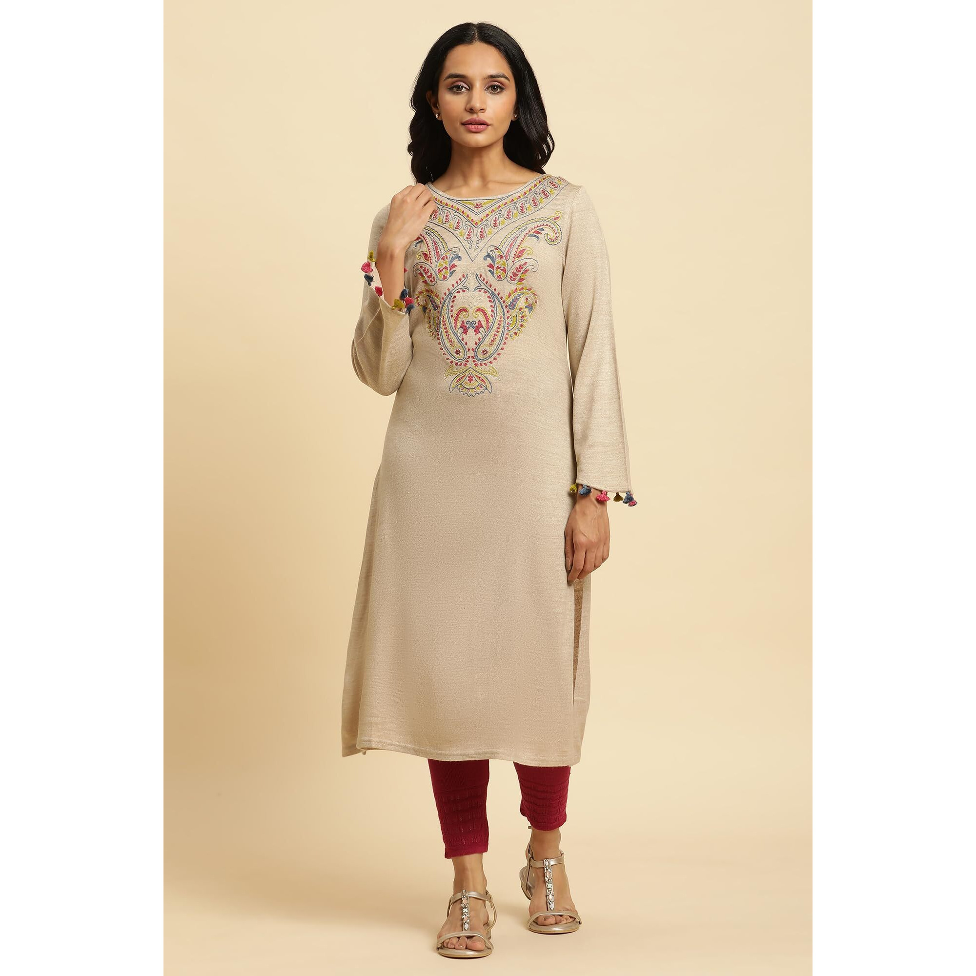 W For Woman Women's Acrylic Solid Kurta & Tight (23Nows10219-219951_Beige