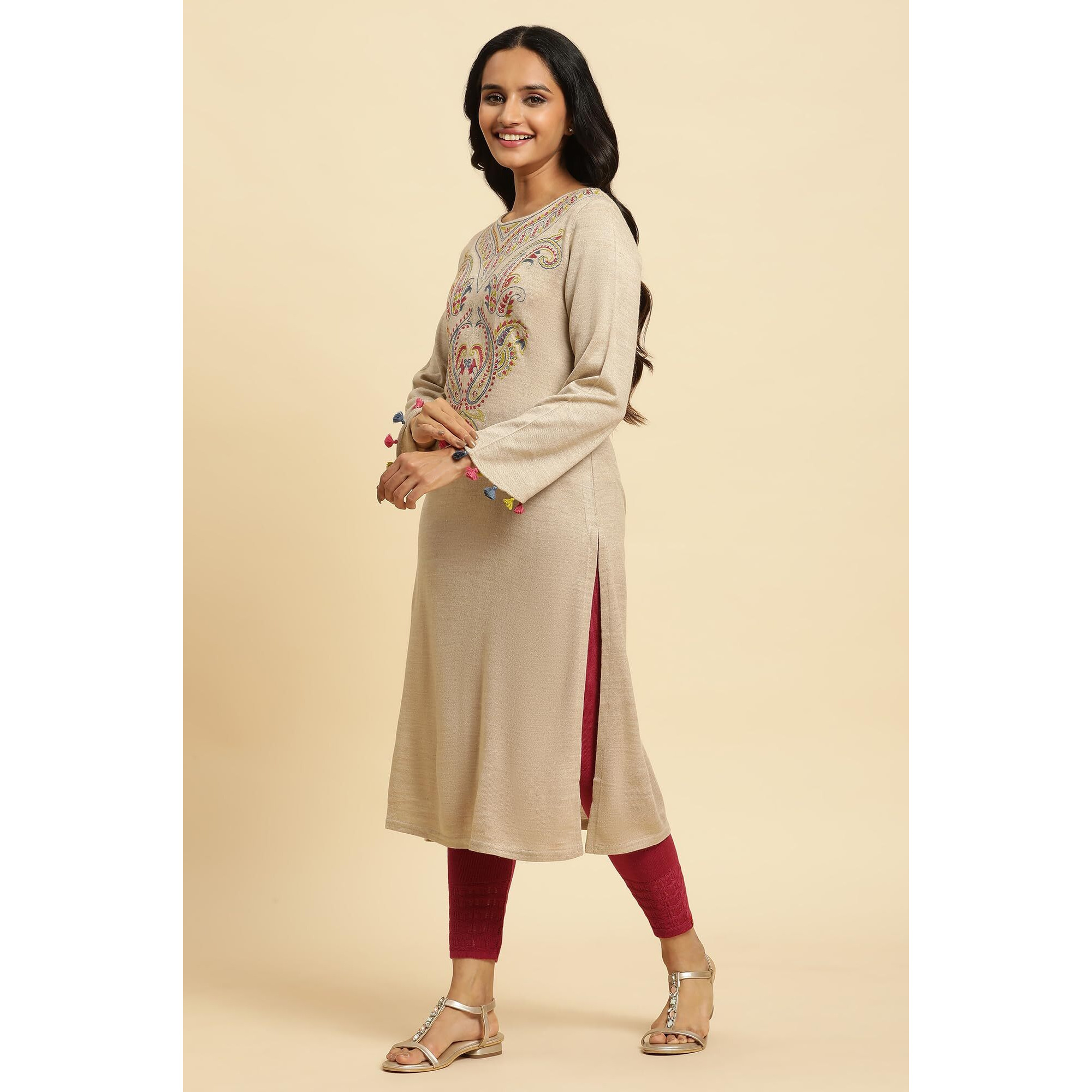 W For Woman Women's Acrylic Solid Kurta & Tight (23Nows10219-219951_Beige