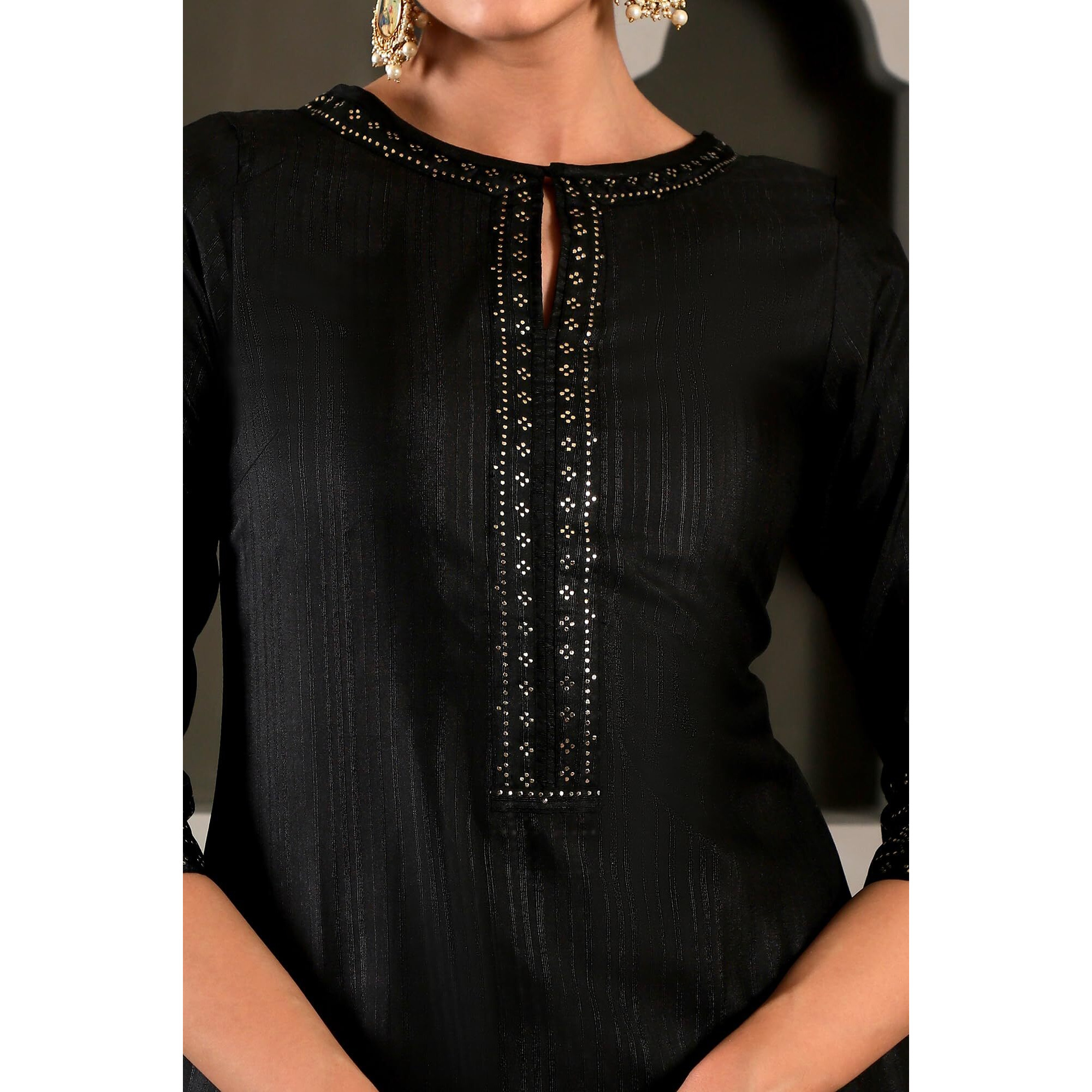 W Black Embellished Synthetic Kurta And Pant Set For Women