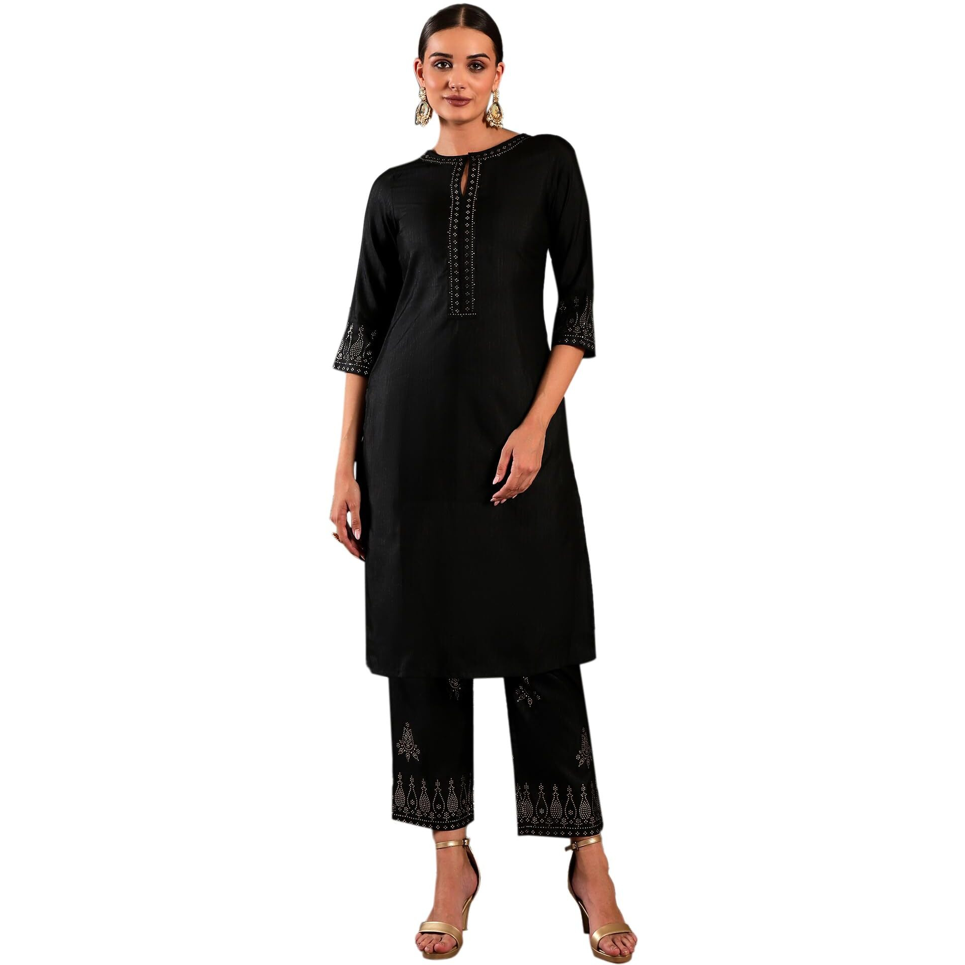 W Black Embellished Synthetic Kurta And Pant Set For Women