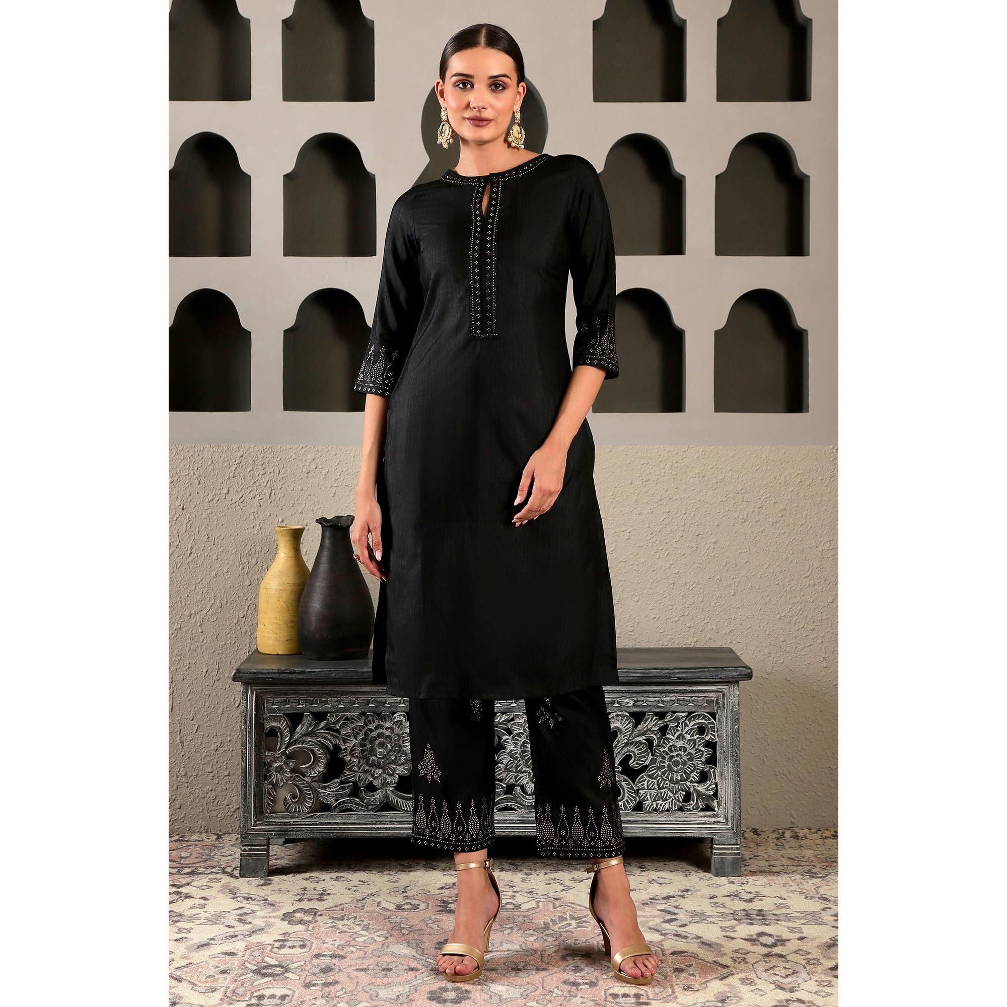 W Black Embellished Synthetic Kurta And Pant Set For Women