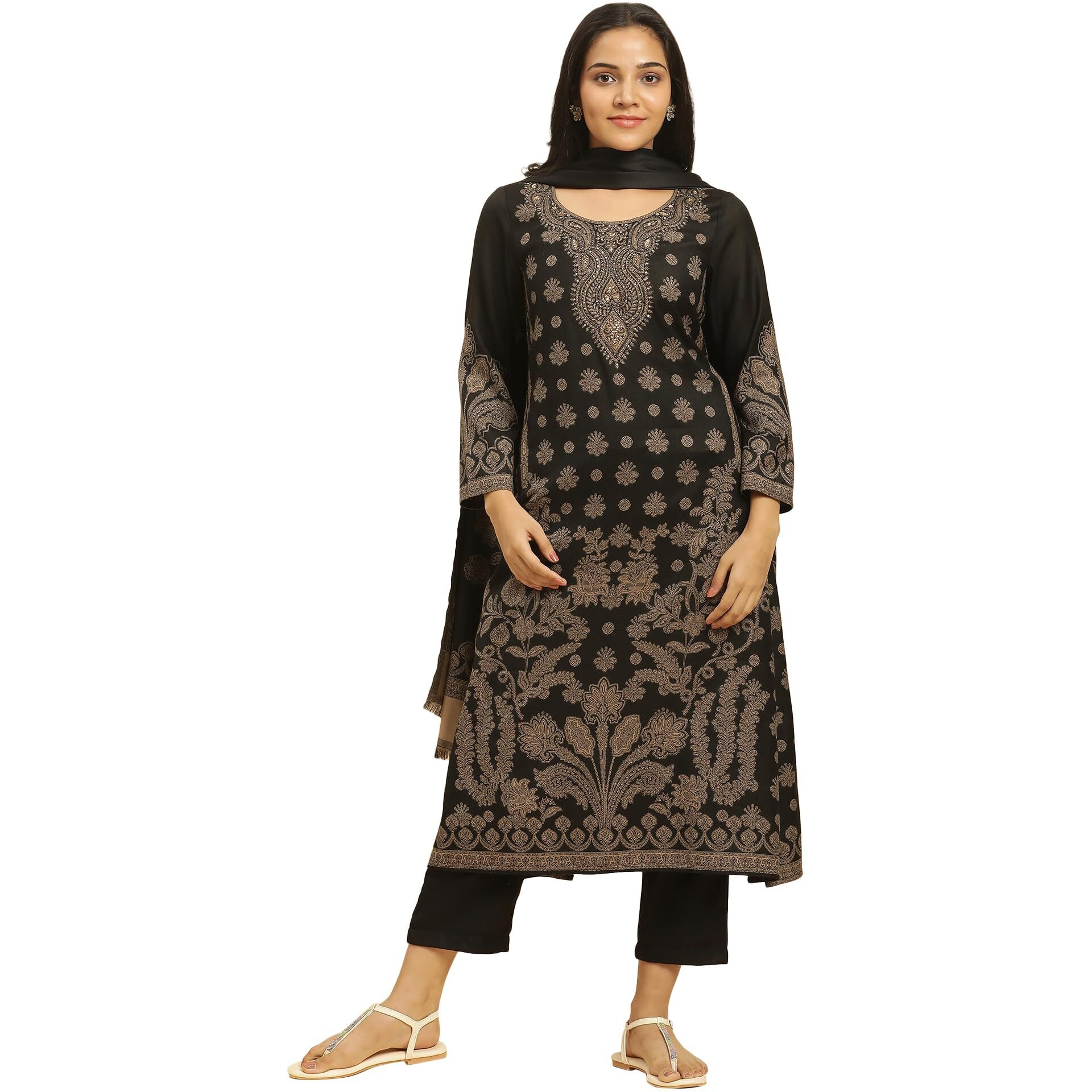 W For Woman Women's Polyester Kurta, Straight Pant & Shawl (23Nows10245-313412_Black