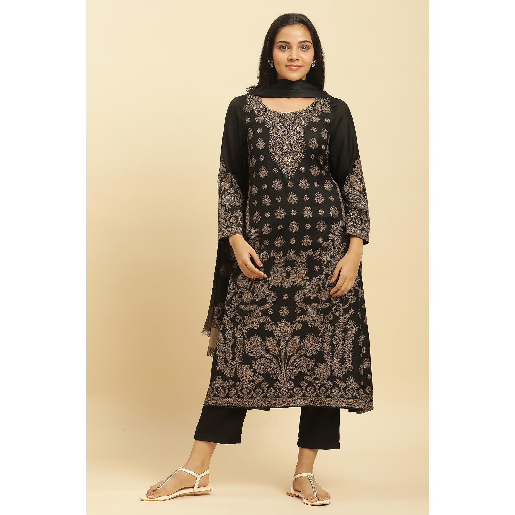 W For Woman Women's Polyester Kurta, Straight Pant & Shawl (23Nows10245-313412_Black