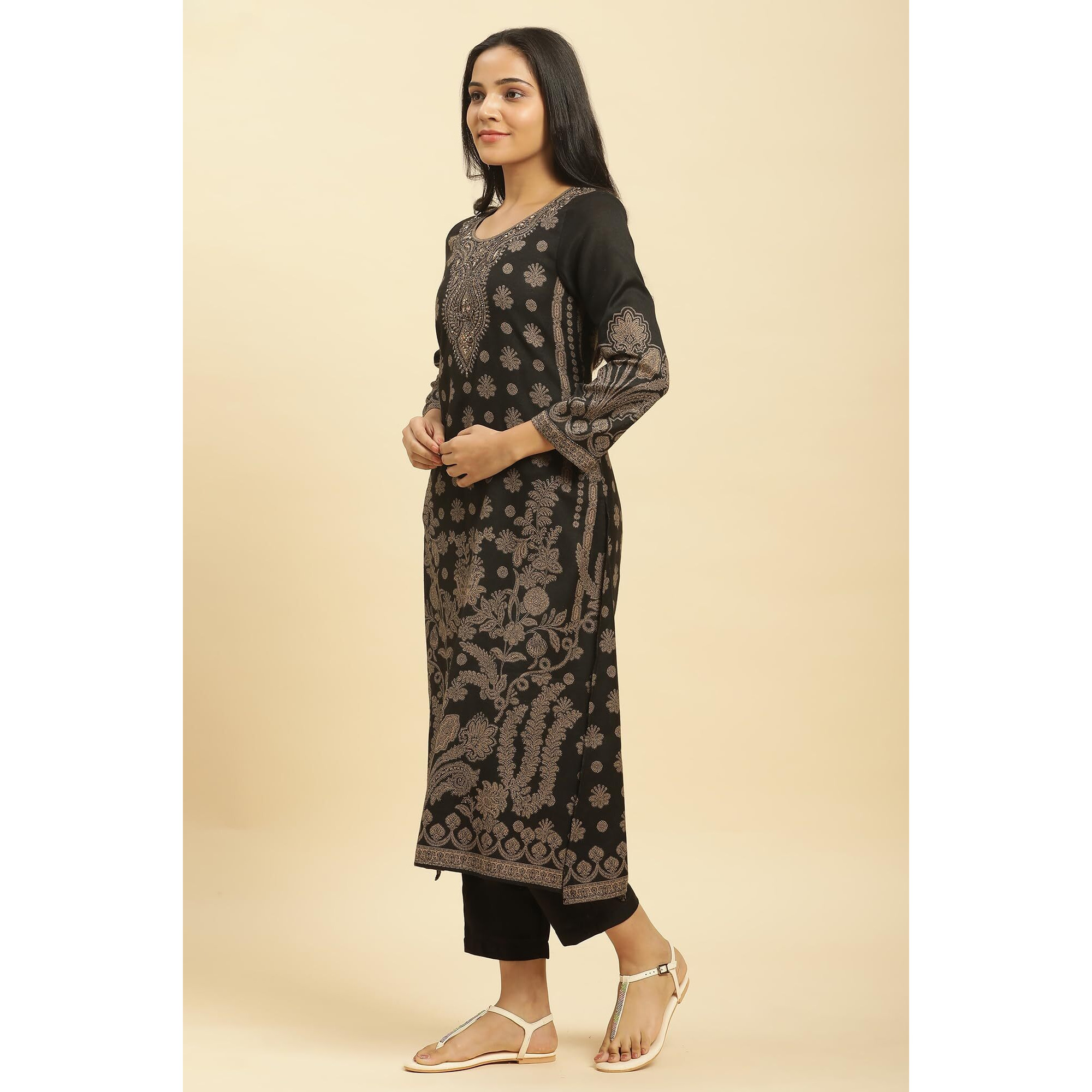 W For Woman Women's Polyester Kurta, Straight Pant & Shawl (23Nows10245-313412_Black