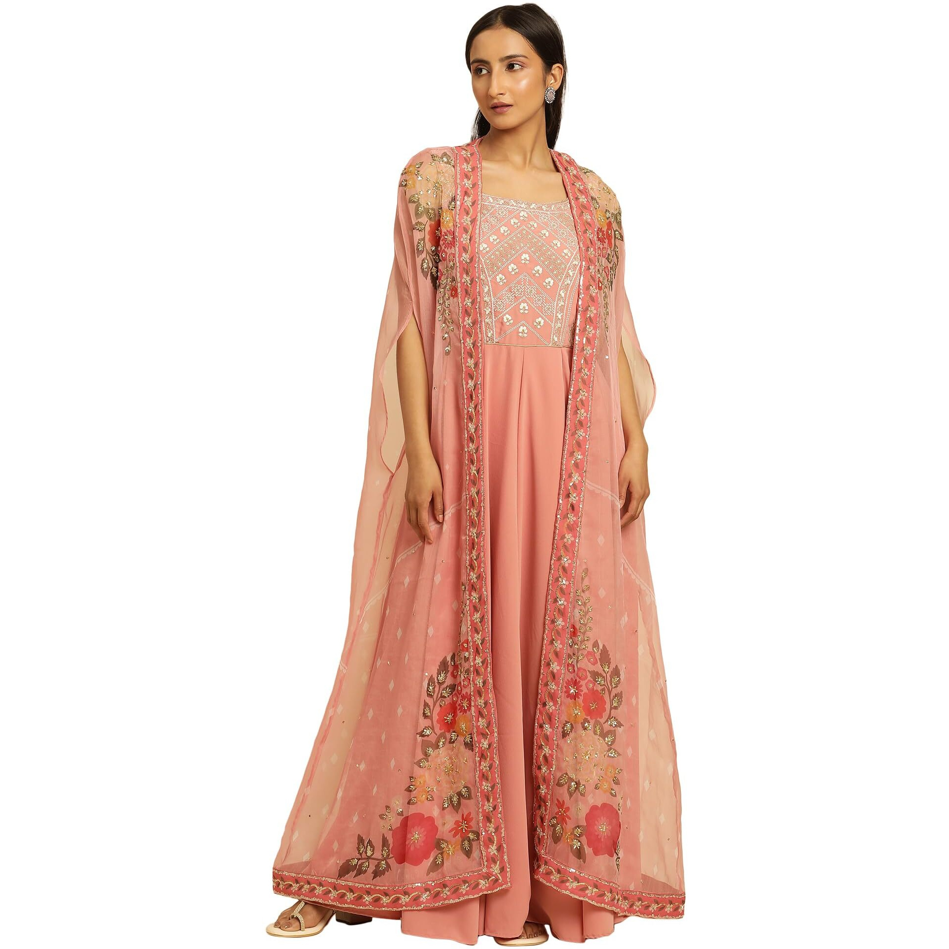 W For Woman Wishful Pink Festive Solid Print Organza Cape & Dress_23Ausp11462-122672_S