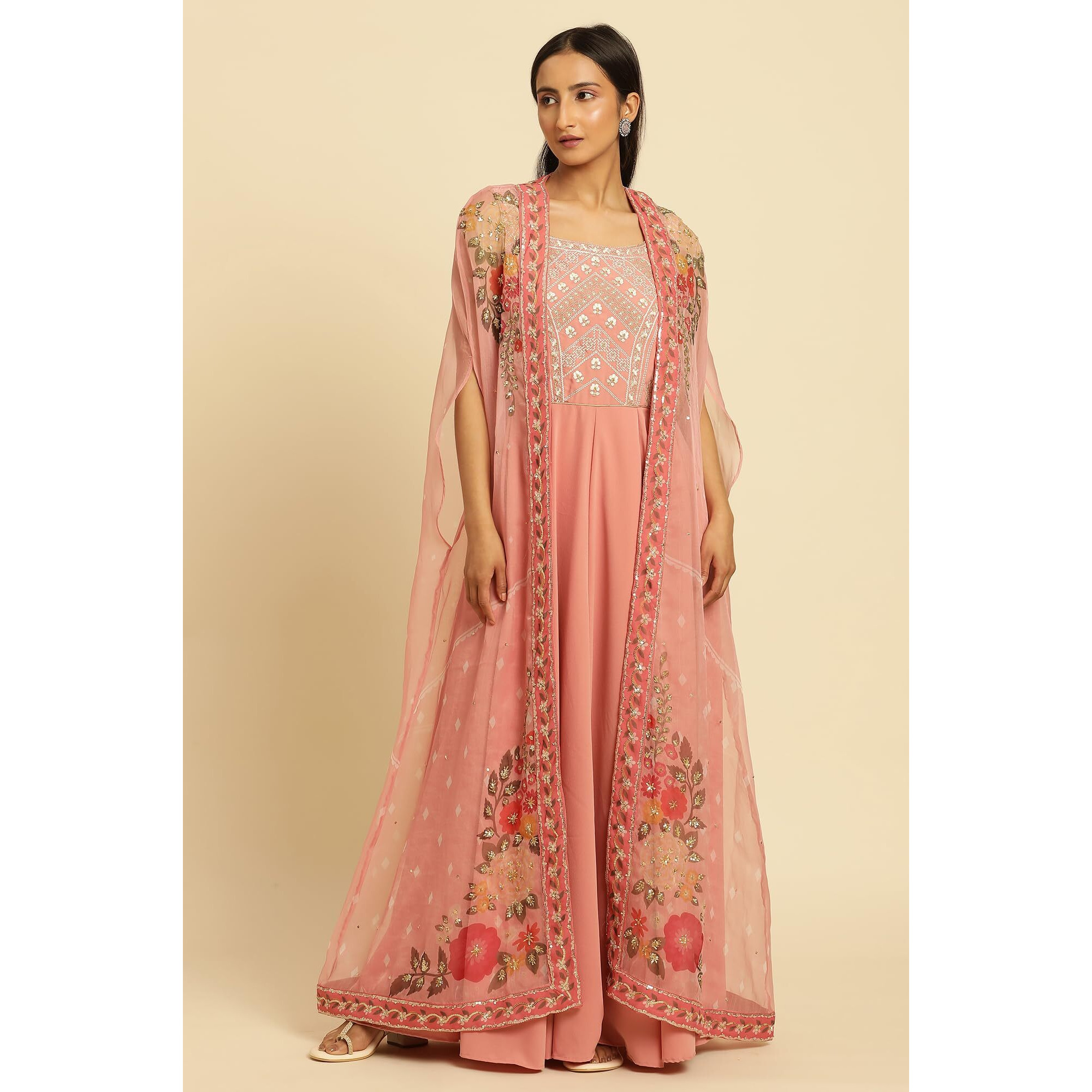 W For Woman Wishful Pink Festive Solid Print Organza Cape & Dress_23Ausp11462-122672_S