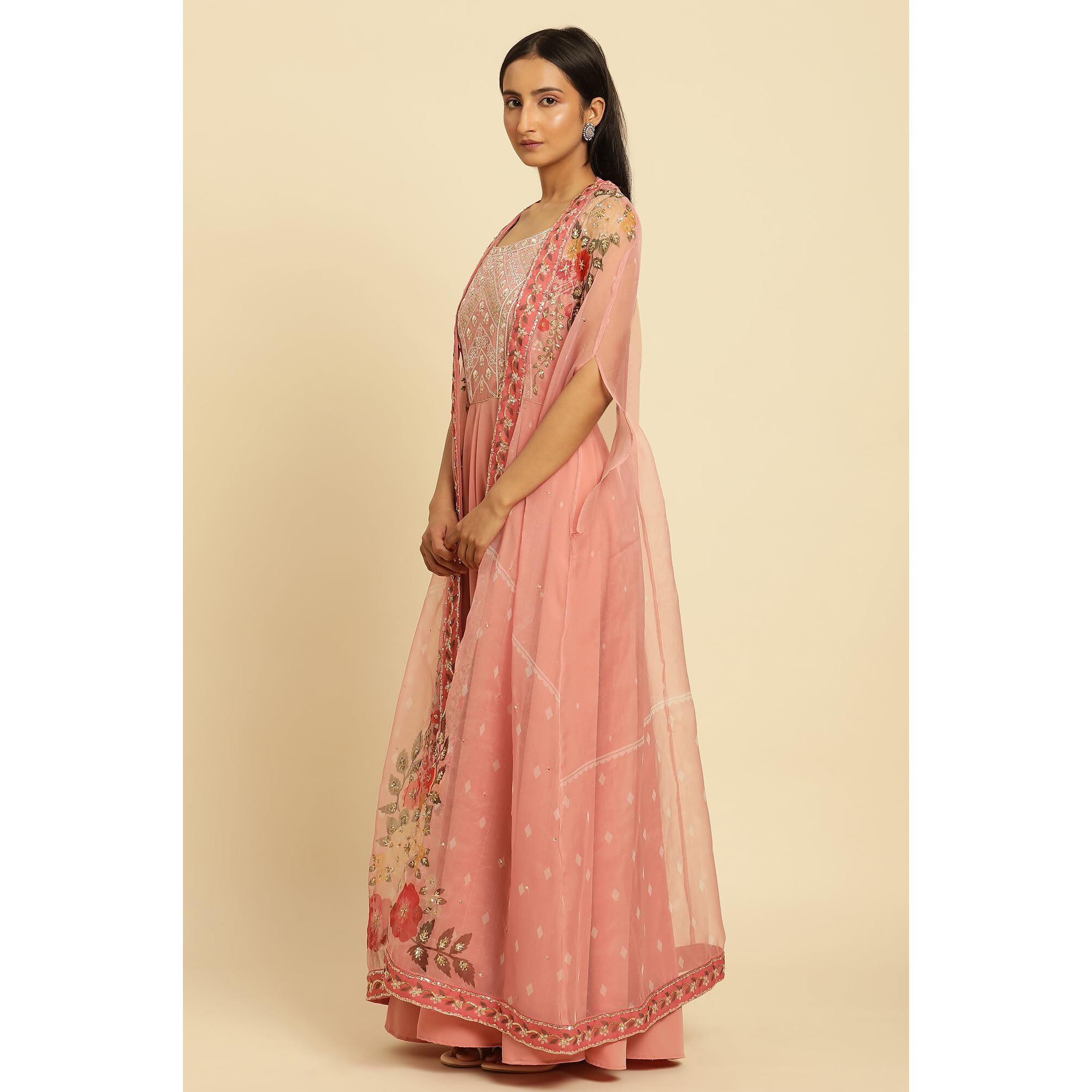 W For Woman Wishful Pink Festive Solid Print Organza Cape & Dress_23Ausp11462-122672_S