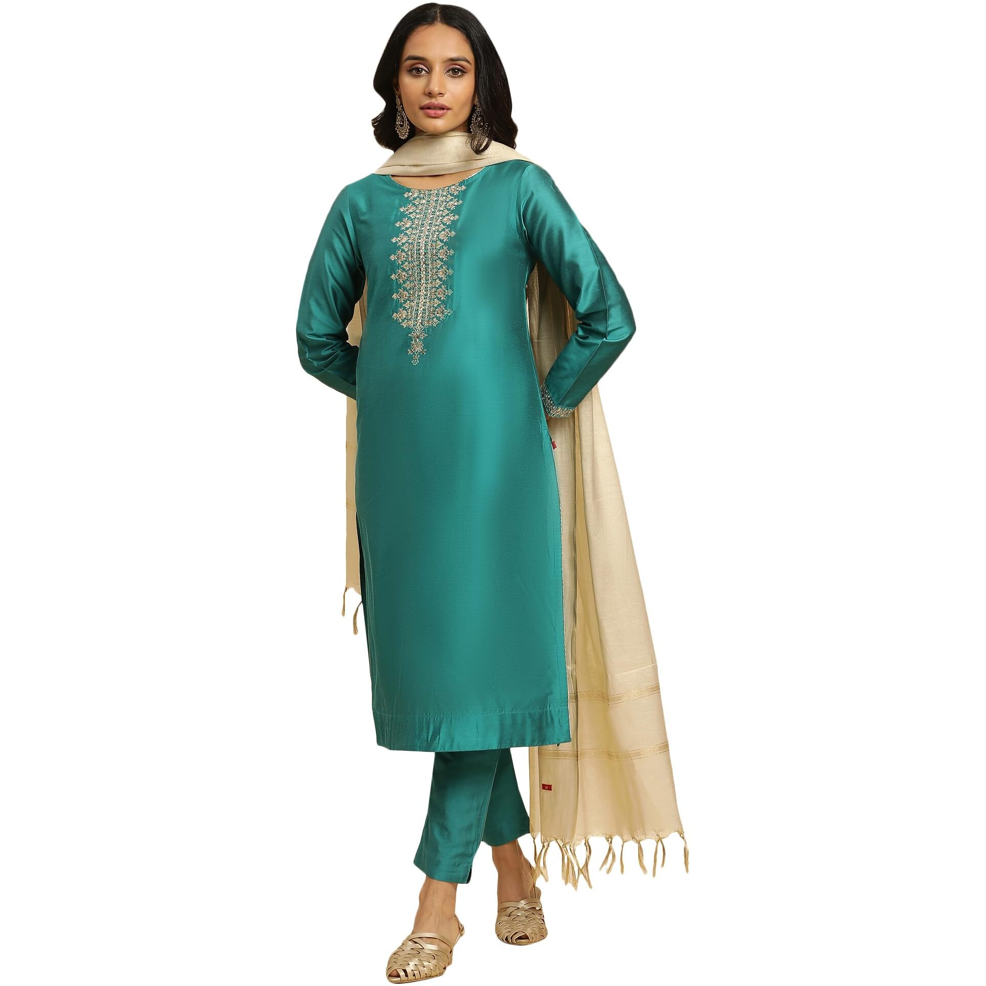 W For Woman Teal Blue Zari Embroidered Straight Kurta, Pant And Dupatta Set (Size Xl)-23Auws10453-221093