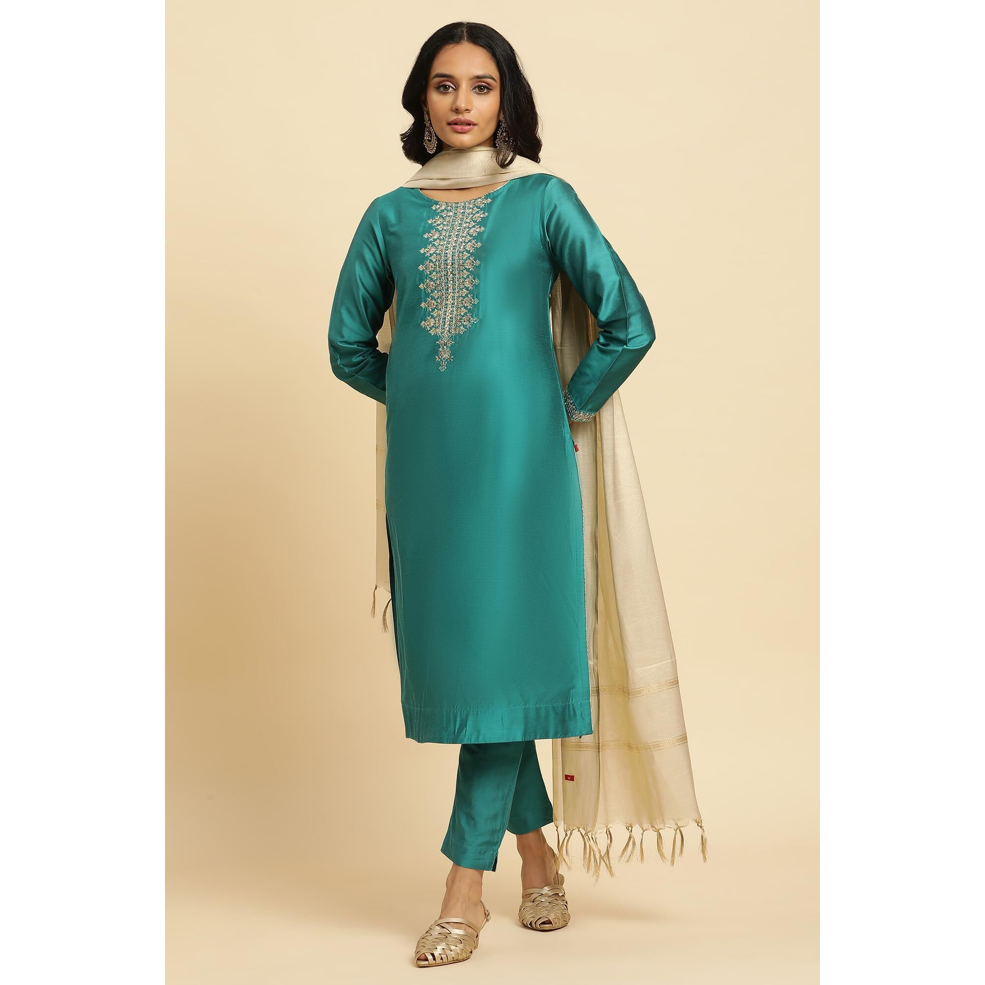 W For Woman Teal Blue Zari Embroidered Straight Kurta, Pant And Dupatta Set (Size Xl)-23Auws10453-221093
