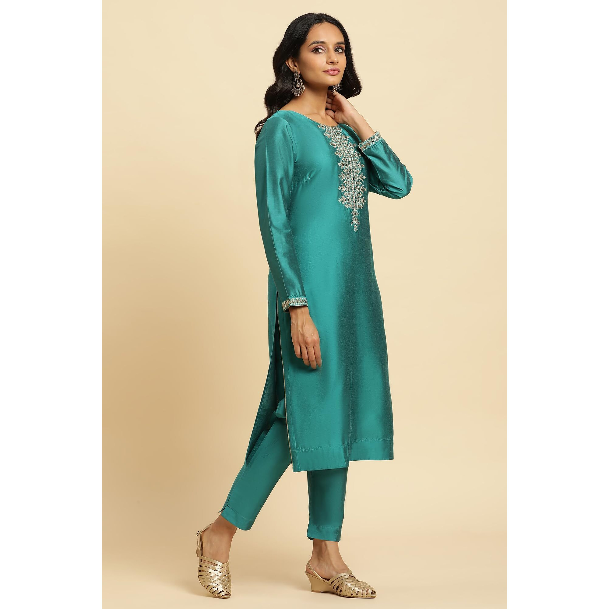 W For Woman Teal Blue Zari Embroidered Straight Kurta, Pant And Dupatta Set (Size Xl)-23Auws10453-221093