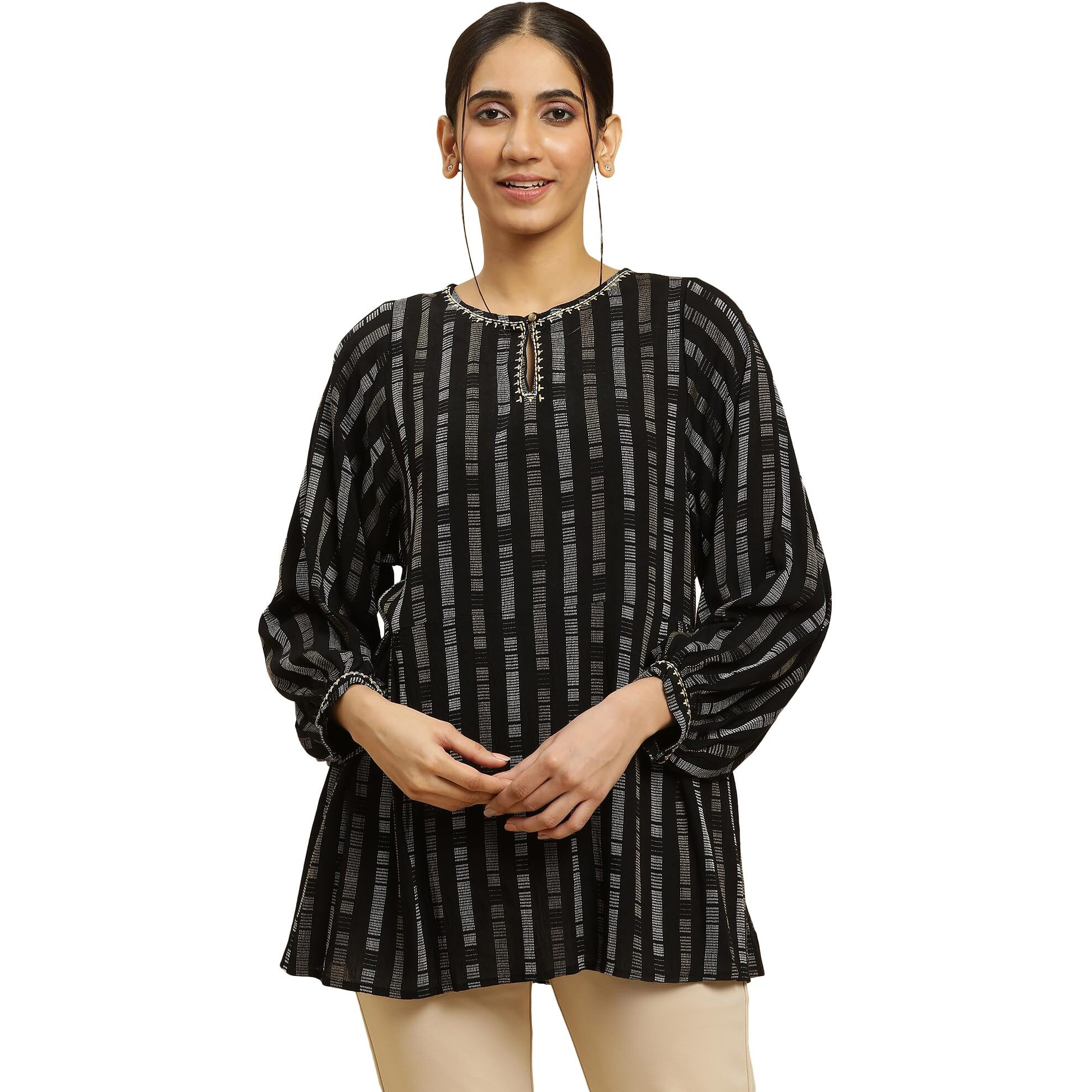 W For Woman Black Gathered Top With Embroidery (Size S)-23Auw30767-312984