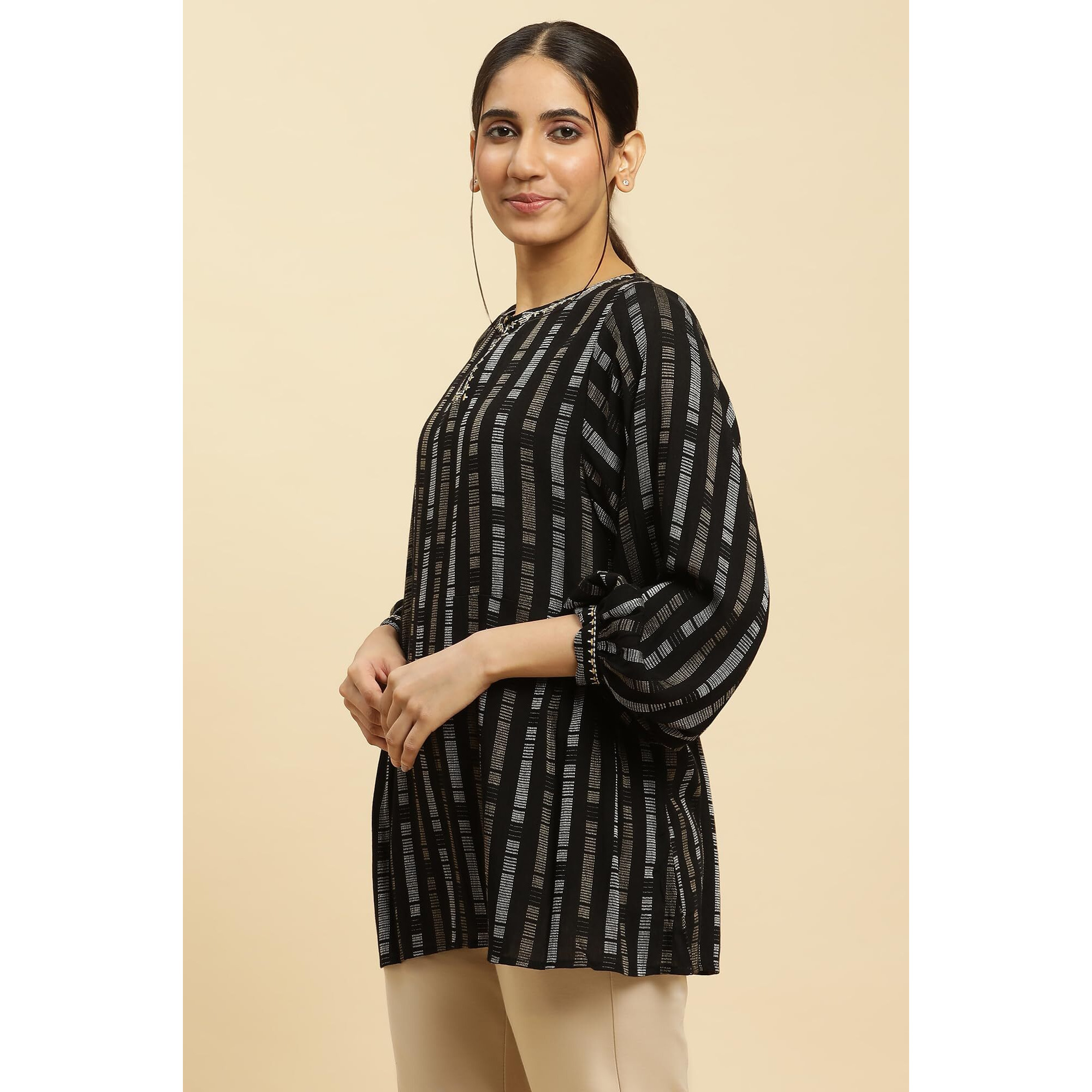 W For Woman Black Gathered Top With Embroidery (Size S)-23Auw30767-312984