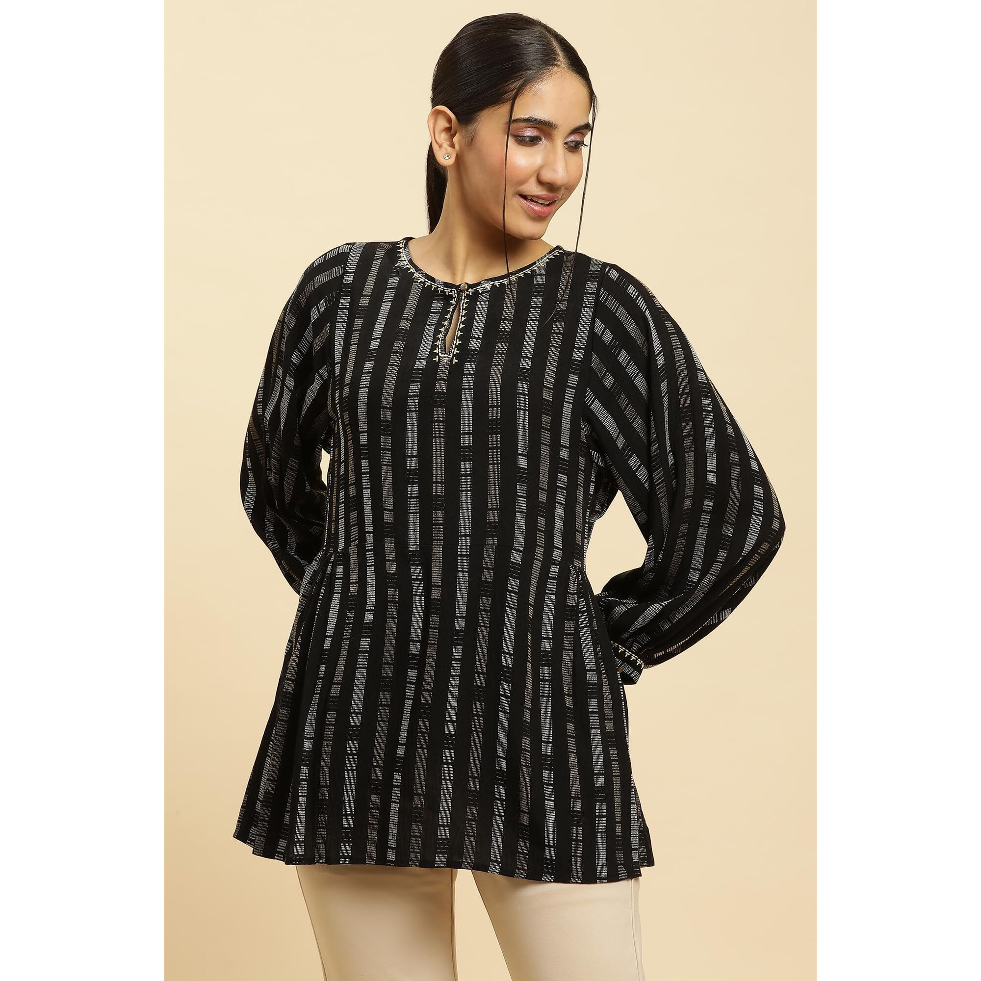 W For Woman Black Gathered Top With Embroidery (Size S)-23Auw30767-312984