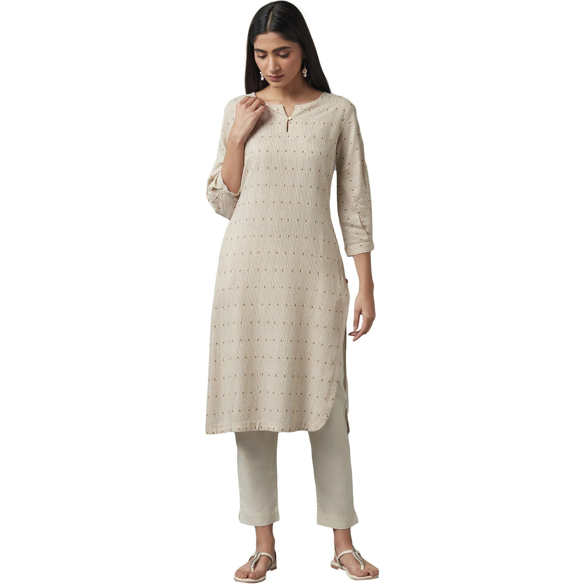 W For Woman Beige Stripe Print Kurta (Size 2Xl)-23Auw17274-116735