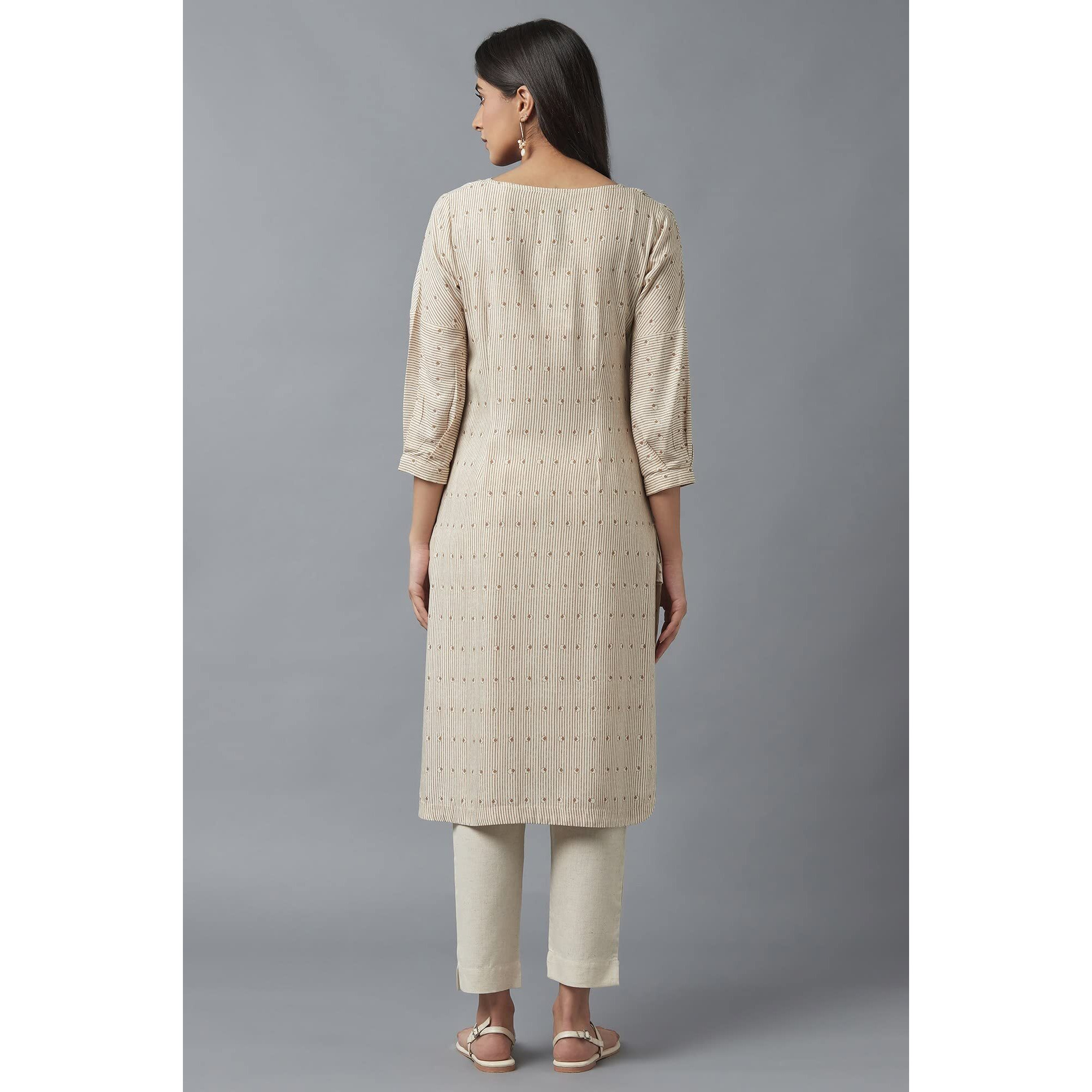 W For Woman Beige Stripe Print Kurta (Size 2Xl)-23Auw17274-116735
