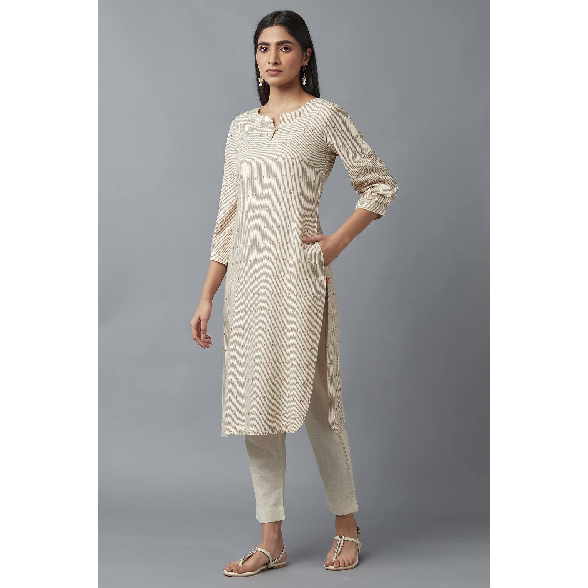 W For Woman Beige Stripe Print Kurta (Size 2Xl)-23Auw17274-116735