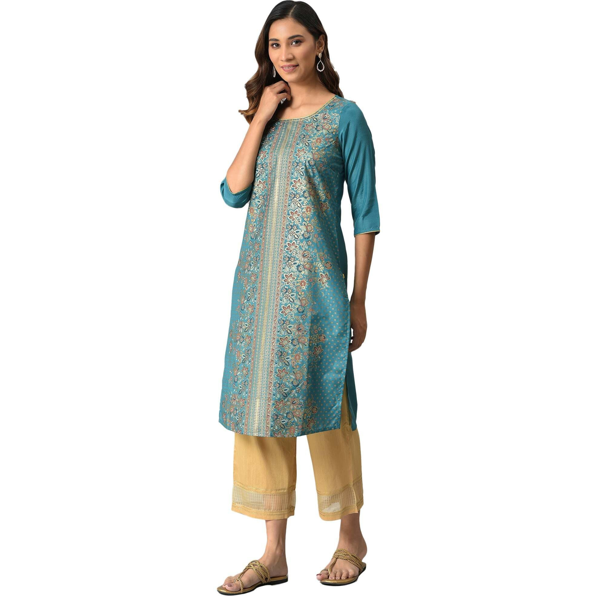 Green Floral Printed Sequined Ethnic Kurta
