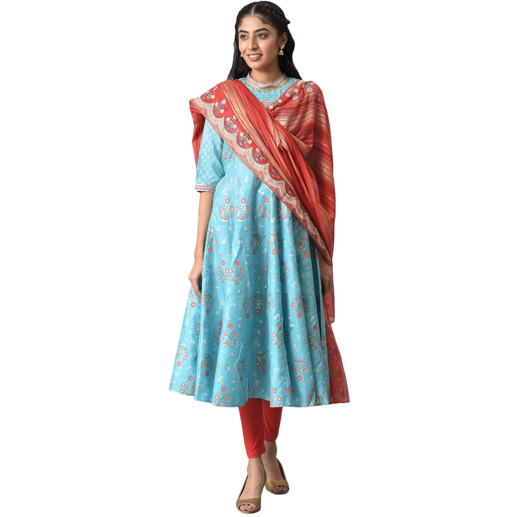 Blue Foil Printed Kurta With Red Tights And Printed Dupatta