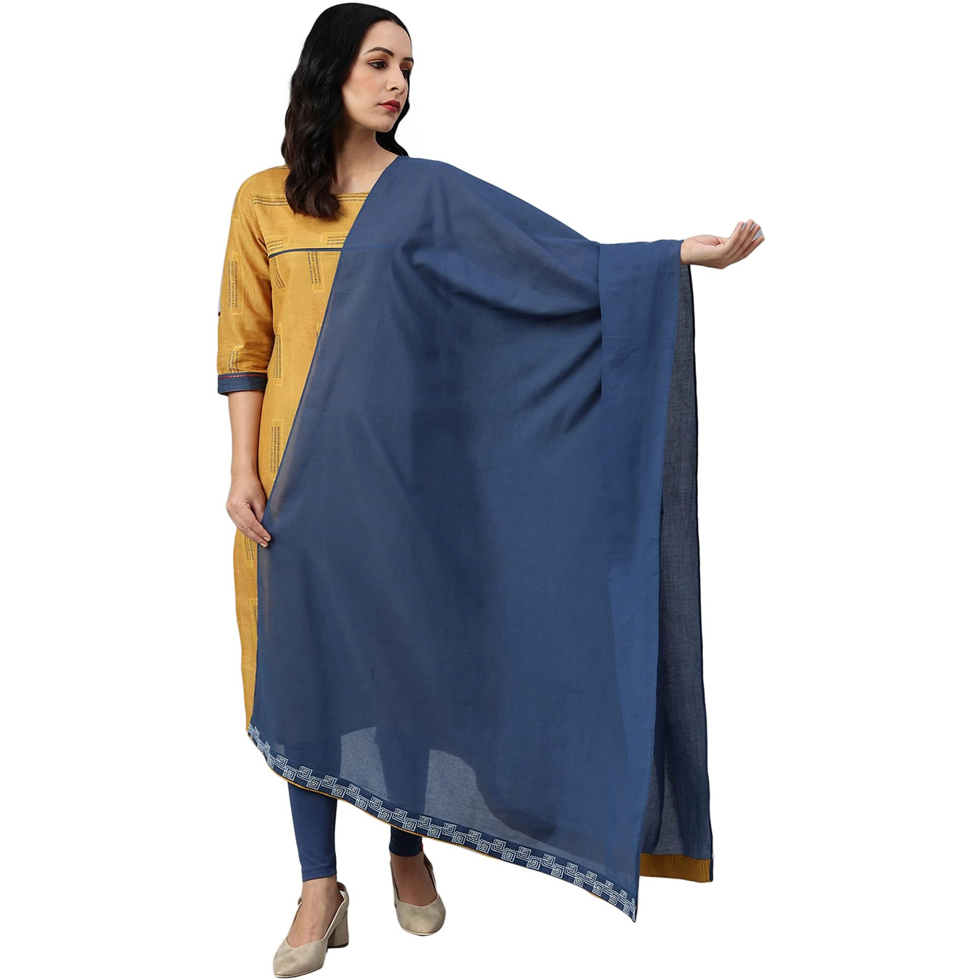 W For Woman Women's Cotton Blue Cotton Dupatta With Running Stich Embroidery_23Auw81513-217373_Free Size