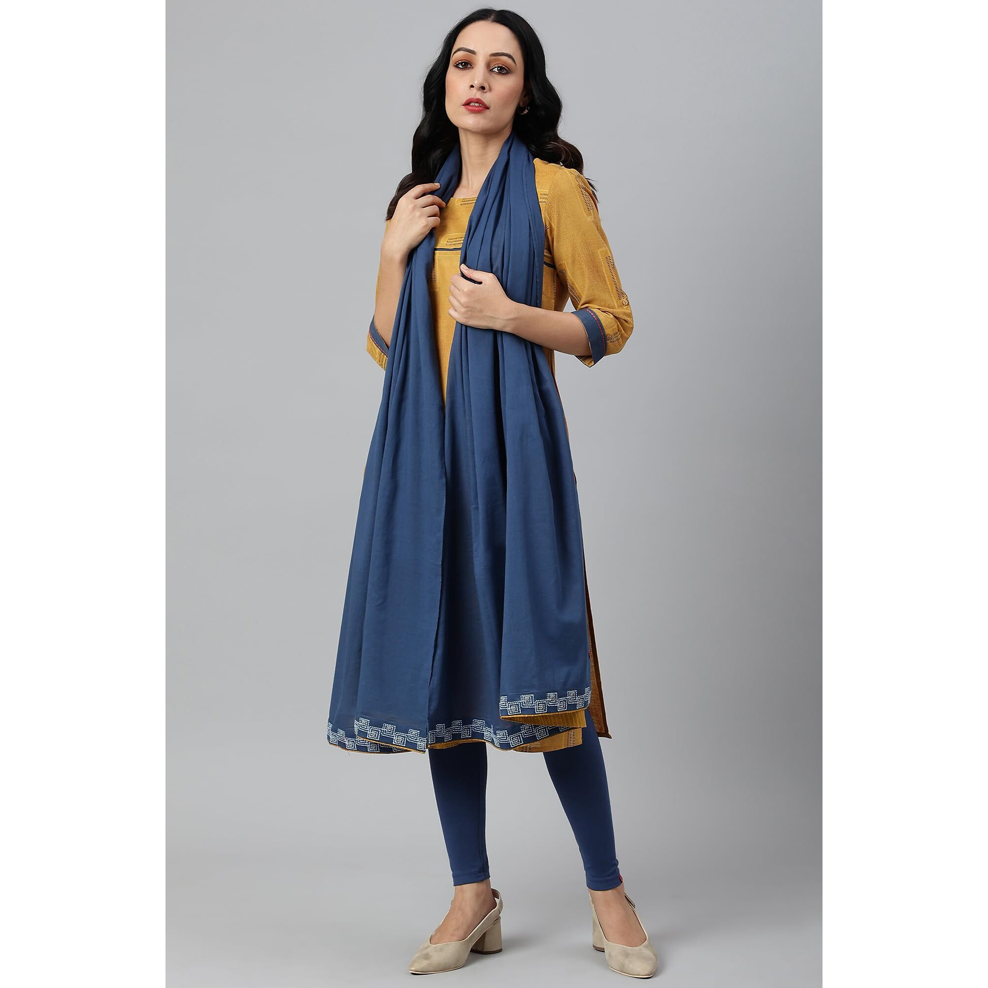 W For Woman Women's Cotton Blue Cotton Dupatta With Running Stich Embroidery_23Auw81513-217373_Free Size