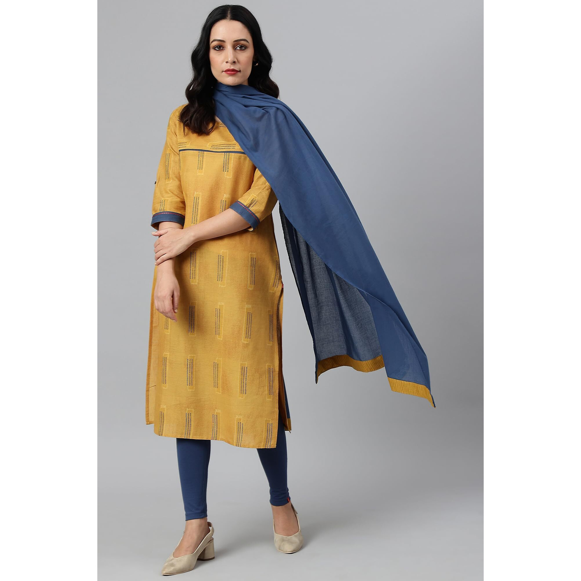 W For Woman Women's Cotton Blue Cotton Dupatta With Running Stich Embroidery_23Auw81513-217373_Free Size
