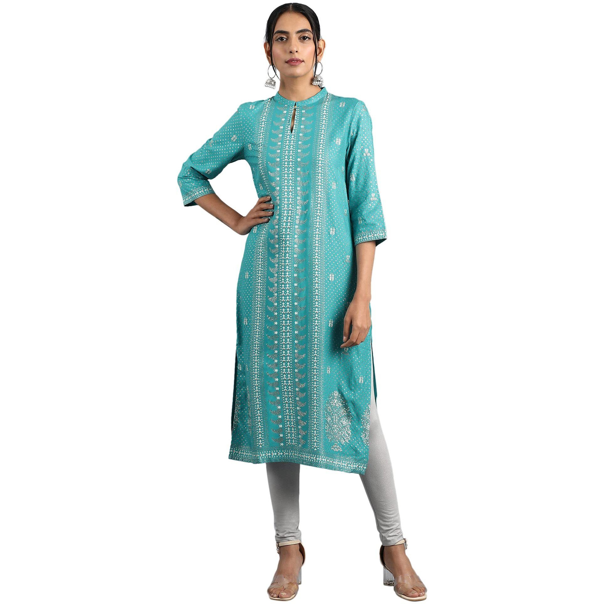 W For Woman Blue Glitter Print Kurta In Keyhole Neckline_23Auw13022-112987_M