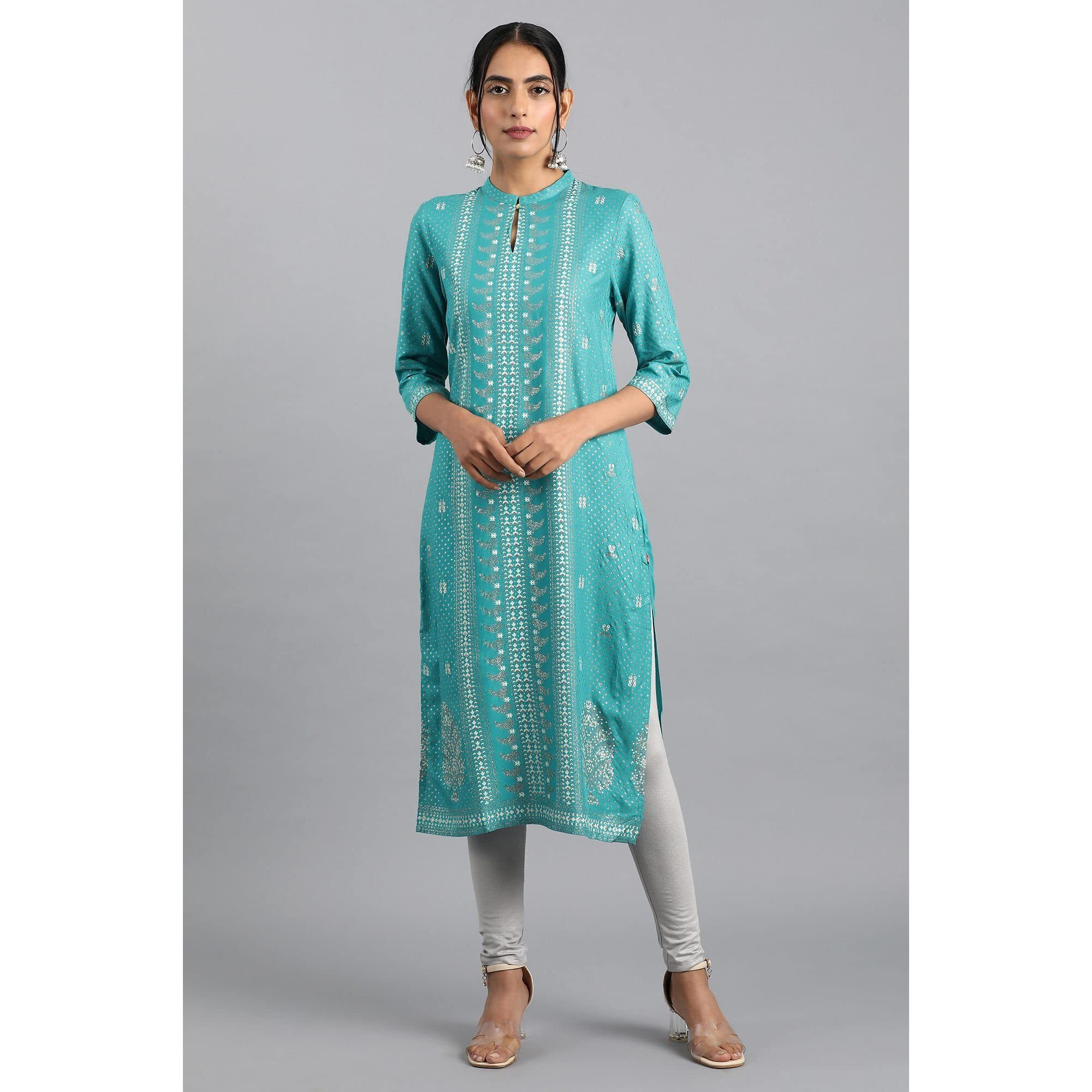 W For Woman Blue Glitter Print Kurta In Keyhole Neckline_23Auw13022-112987_M