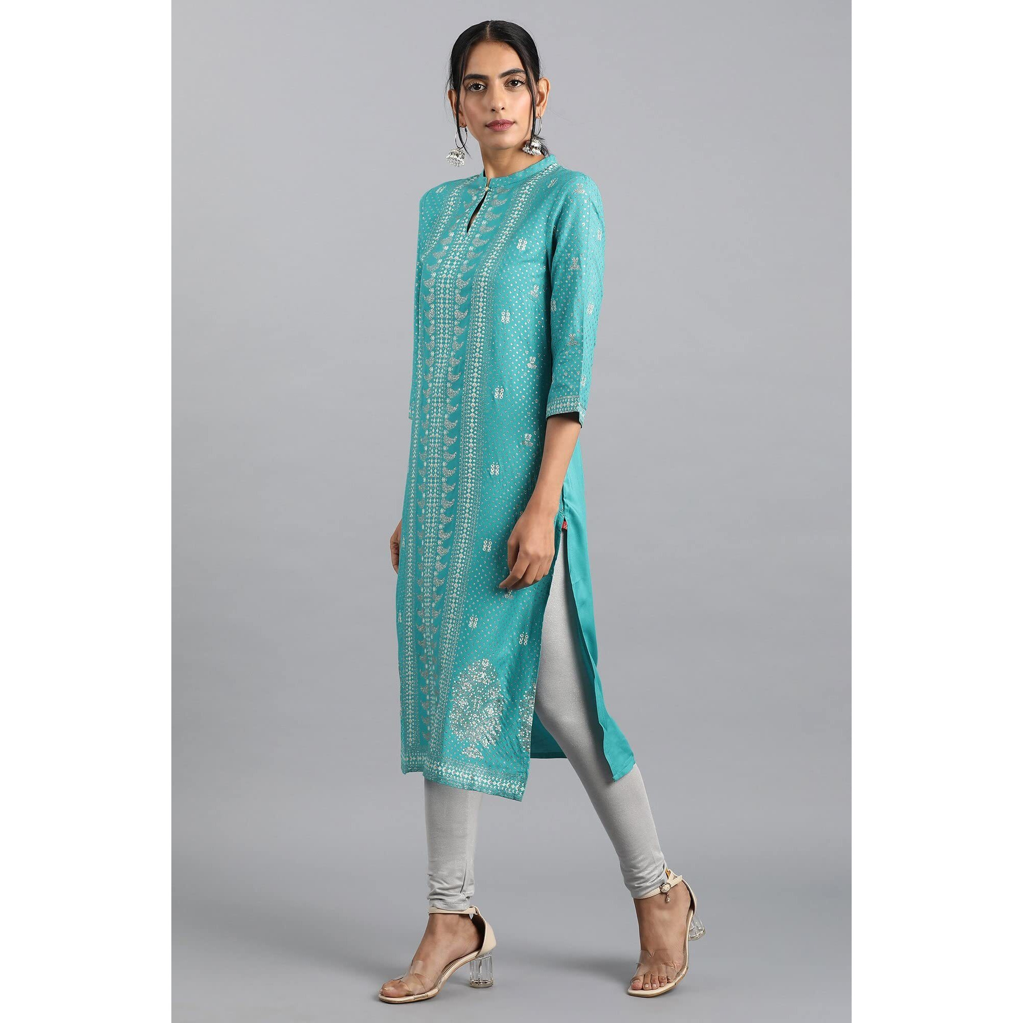 W For Woman Blue Glitter Print Kurta In Keyhole Neckline_23Auw13022-112987_M