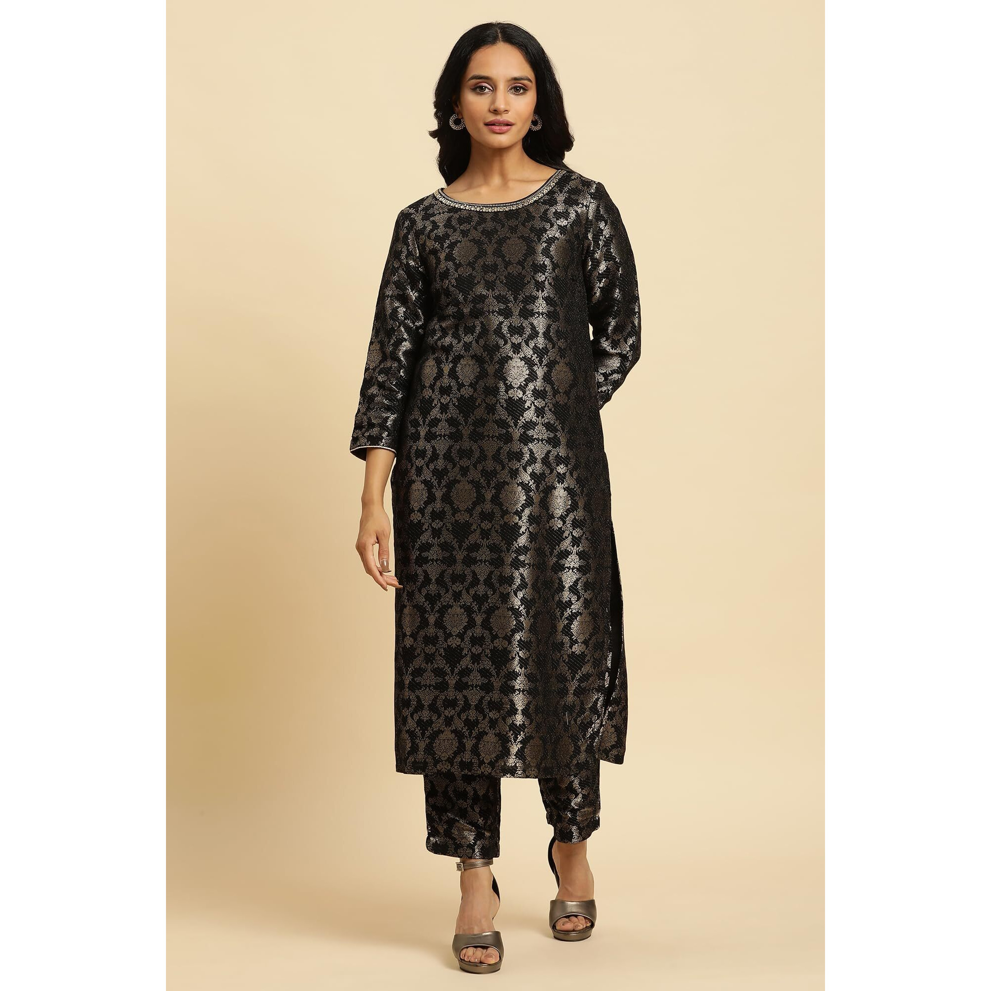 W For Woman Black Rayon Jacquard Kurta And Pant Festive Set (Size S)-23Auws19807-313375