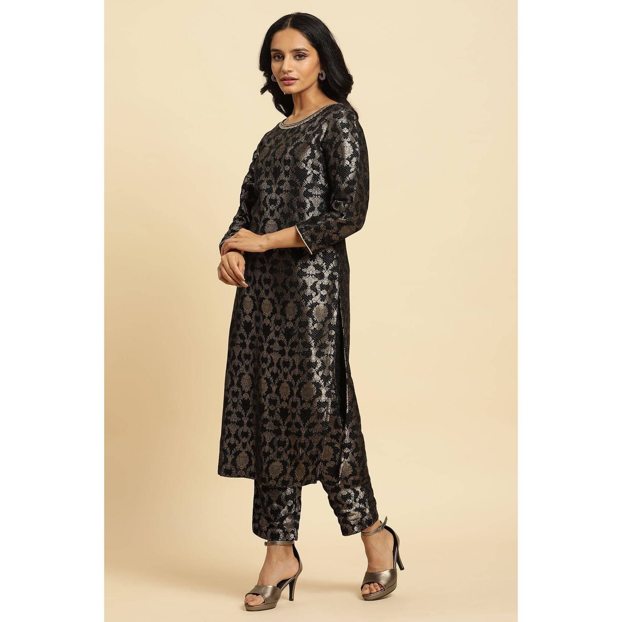 W For Woman Black Rayon Jacquard Kurta And Pant Festive Set (Size S)-23Auws19807-313375