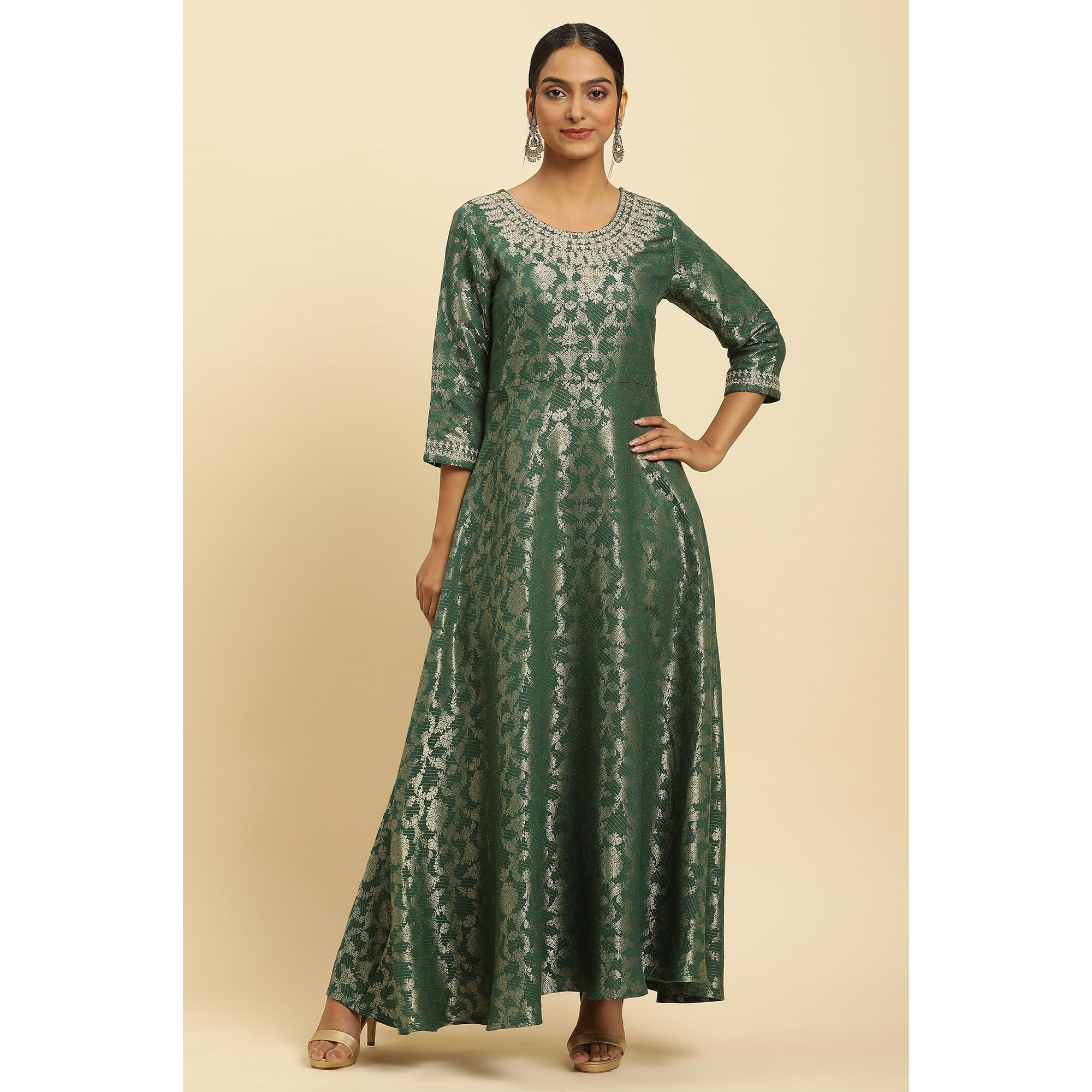 W For Woman Women's Rayon Green Jacquard Embroidered Ethnic Dress Ankle Length 23Auw10912-312591_Dark