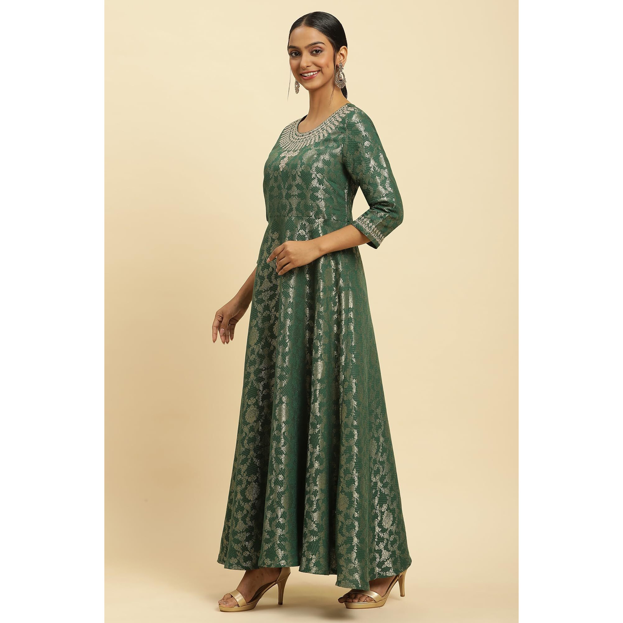 W For Woman Women's Rayon Green Jacquard Embroidered Ethnic Dress Ankle Length 23Auw10912-312591_Dark