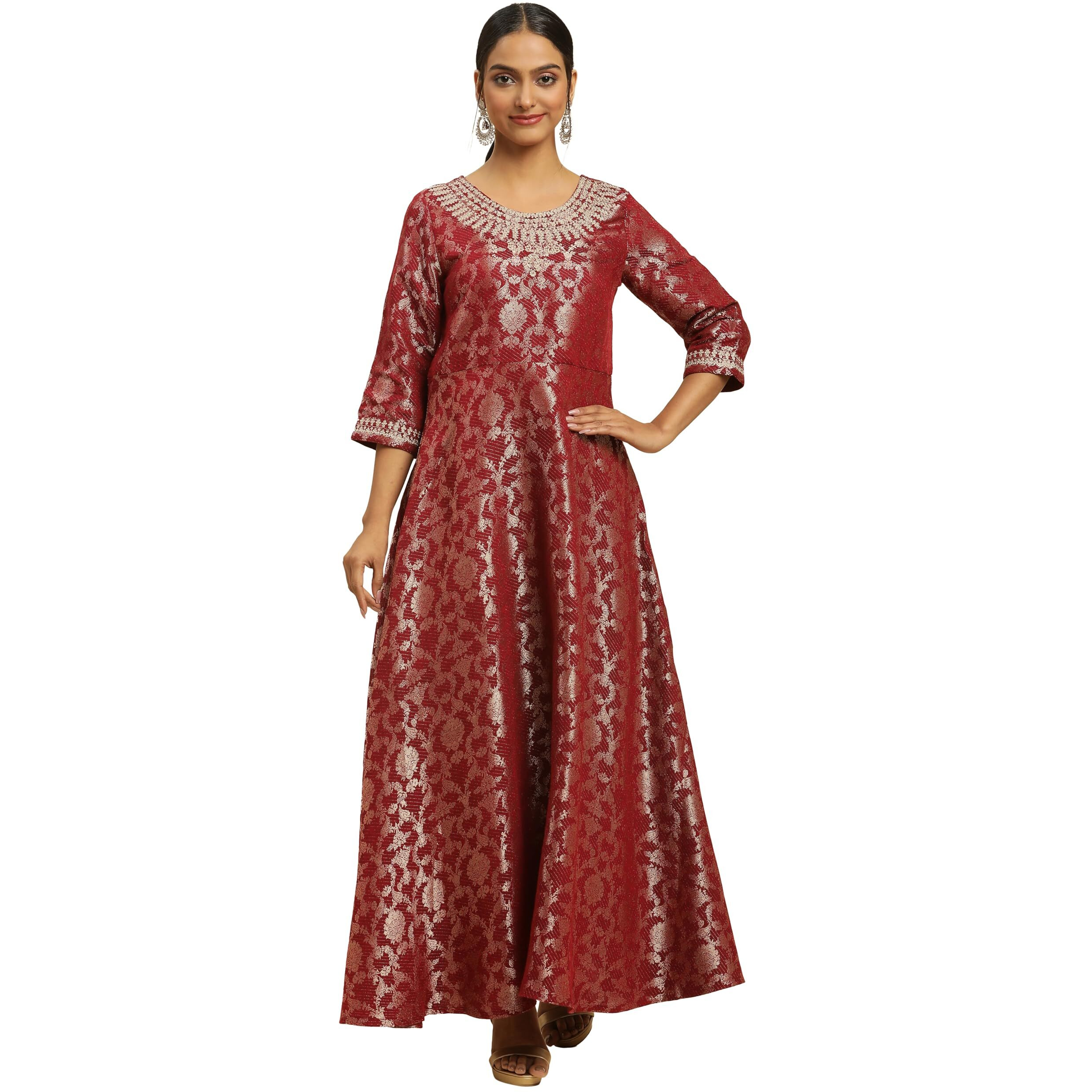 W For Woman Red Jacquard Embroidered Ethnic Dress (Size S)-23Auw10912-313376