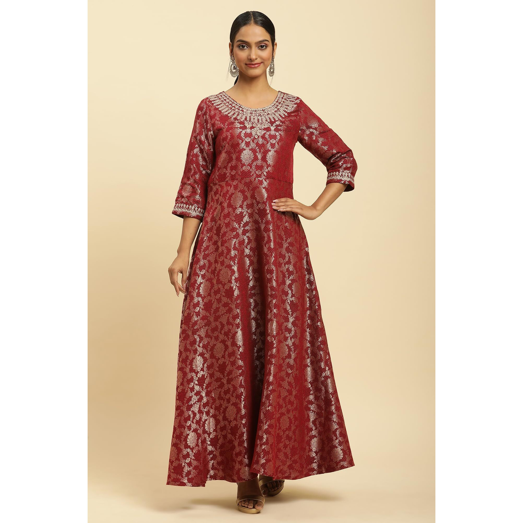 W For Woman Red Jacquard Embroidered Ethnic Dress (Size S)-23Auw10912-313376