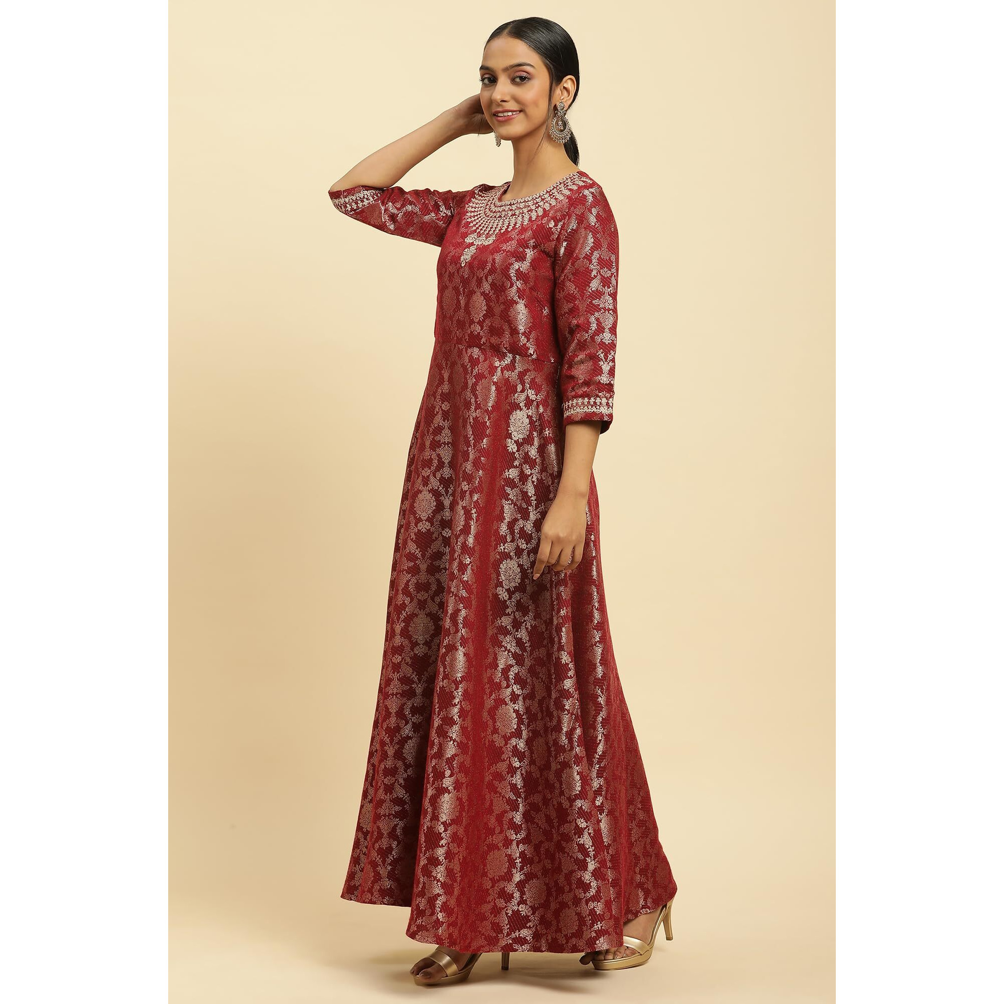 W For Woman Red Jacquard Embroidered Ethnic Dress (Size S)-23Auw10912-313376